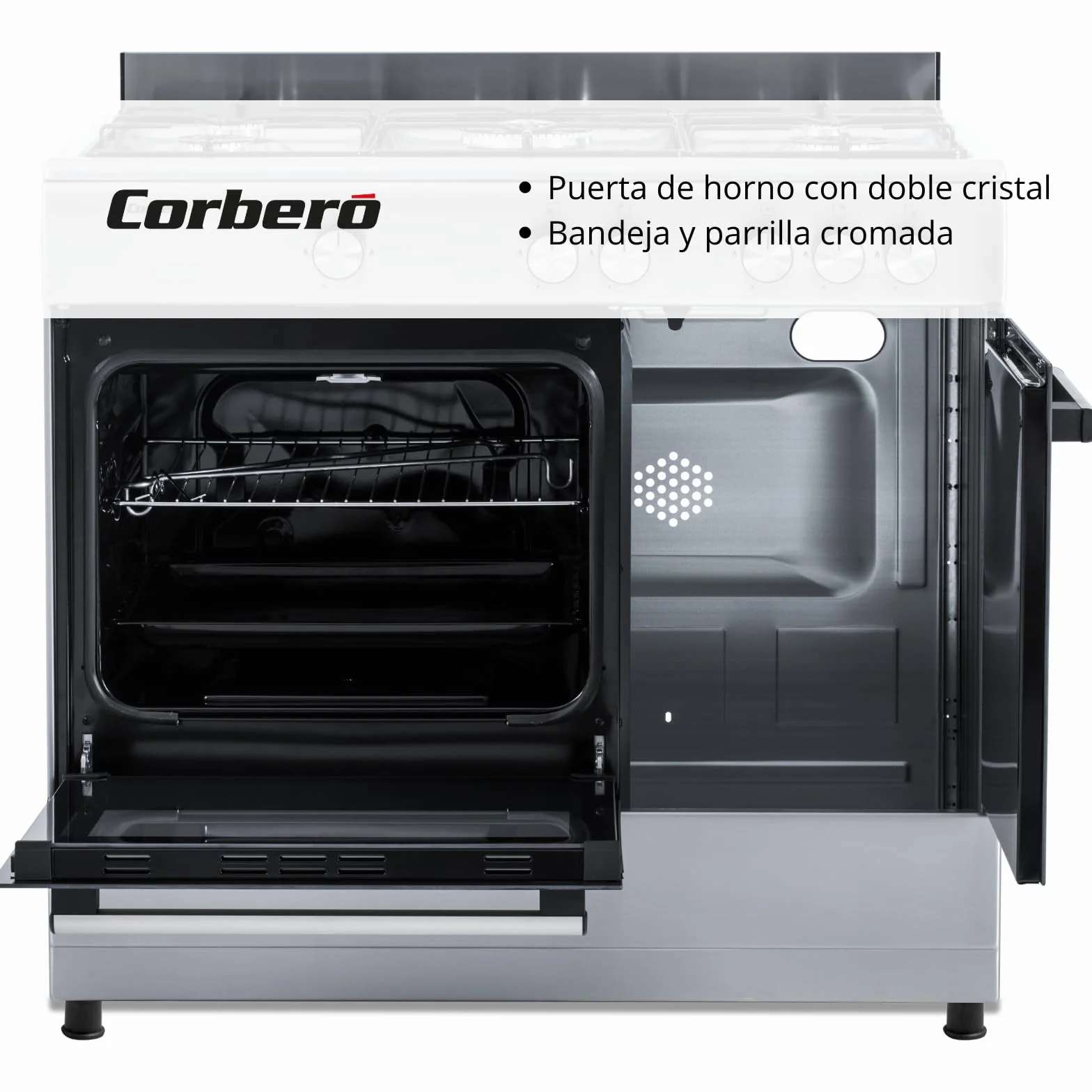 Corbero - Cocina de gas butano 5 fuegos | CC510GB90X | 80x90x60 | Horno de 60L con puerta doble | Wok en medio| Encendido Manual | Cajón calientaplatos| Bandeja y parrilla cromados |Con tapa| Inox