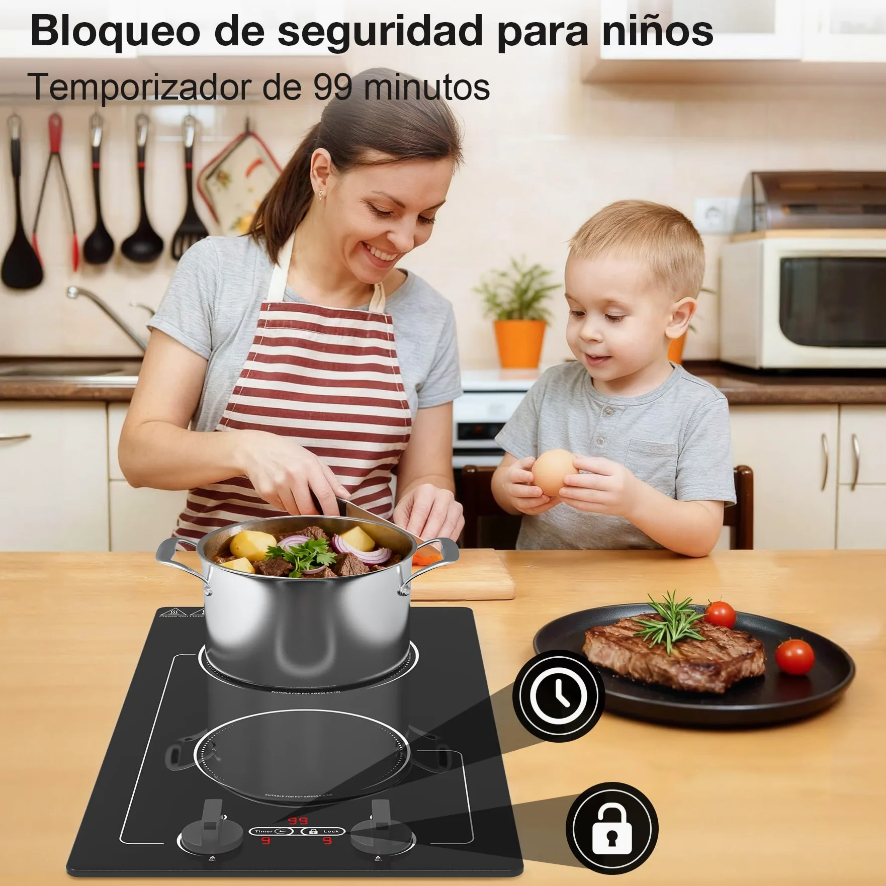 VBGK induccion 2 fuegos,220V 3000W placa induccion 2 fuegos con pantalla táctil LED, 10 niveles de potencia, bloqueo infantil y temporizador, protección contra sobrecalentamiento