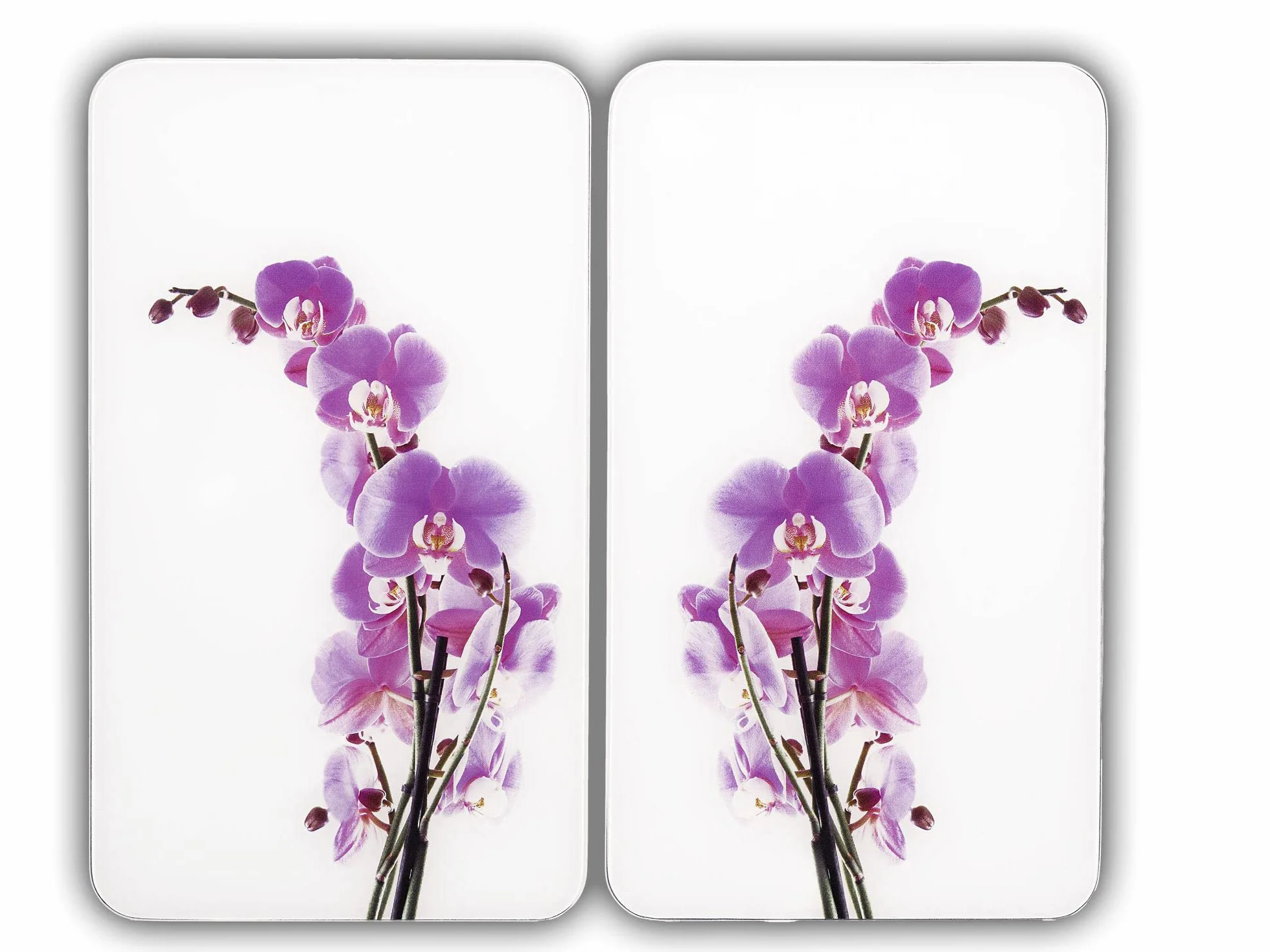 WENKO Placas protectoras para cocina Mod Flor de orquídea, ajustable en altura para todo tipo de cocinas, tabla de cortar y protector contra salpicaduras, vidrio, 30 x 52 cm, juego de 2
