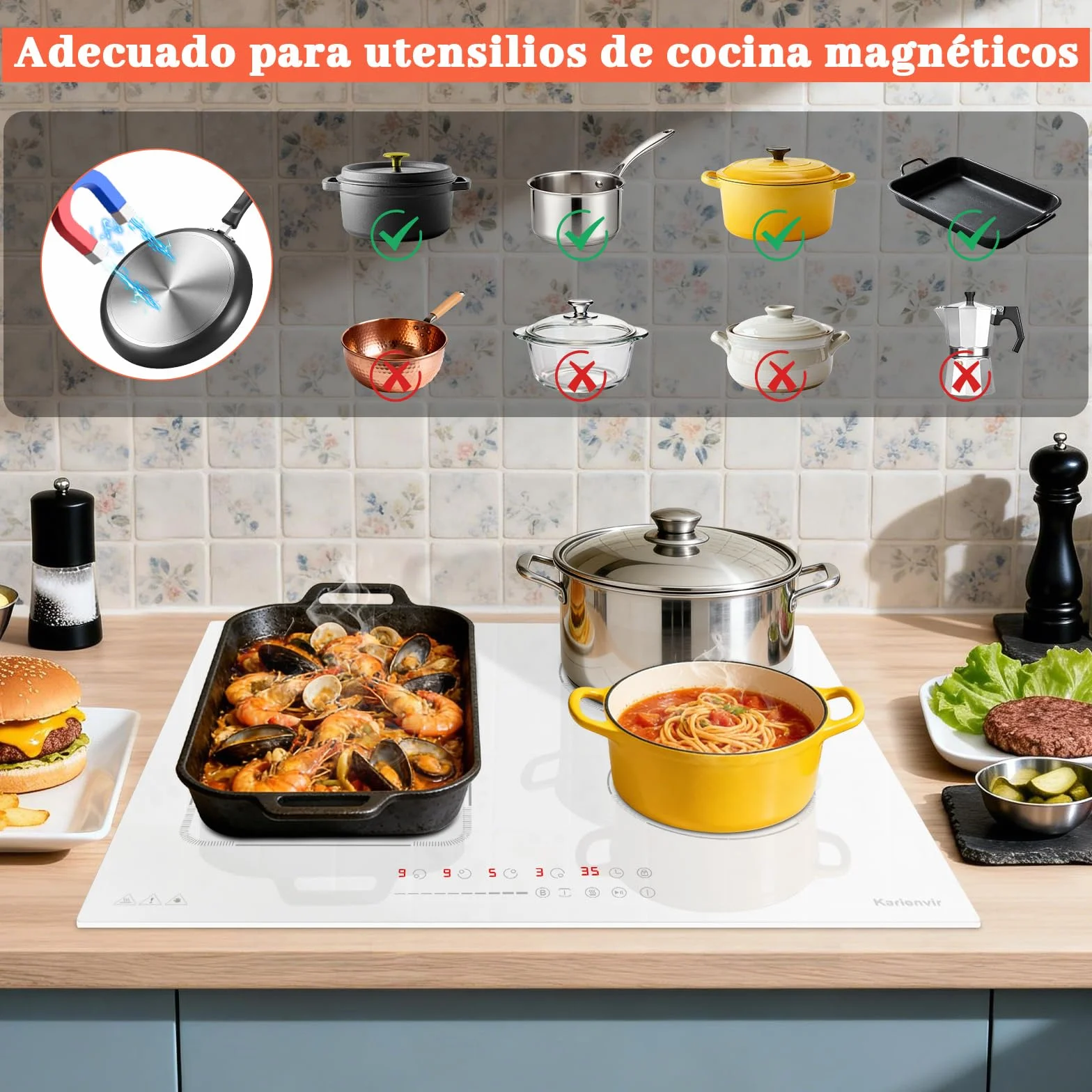 Placa Inducción 4 Fuegos con Zona Flexible y Enchufe, Placa Induccion Empotrable 60 cm con Boost, Vitroceramica Induccion con Pantalla Táctil, Bloqueo de Seguridad, Pausa, Temporizador, Blanca