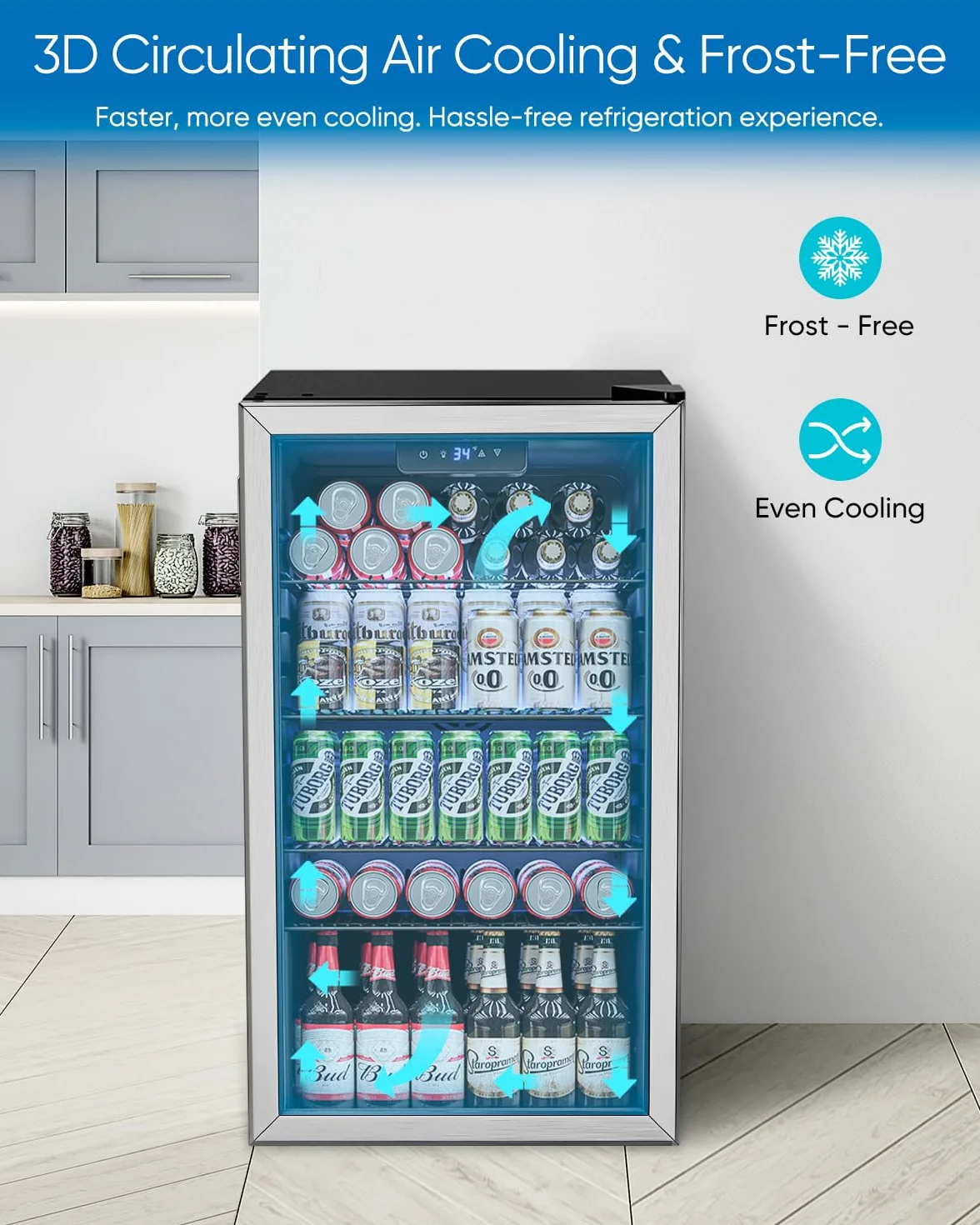 Feelfunn - Refrigerador y enfriador de bebidas, 126 latas, mini puerta de vidrio para refrescos, cerveza, vino, nevera de bebidas no empotrado para el hogar, oficina, bar, 4 estantes ajustables, 3.2