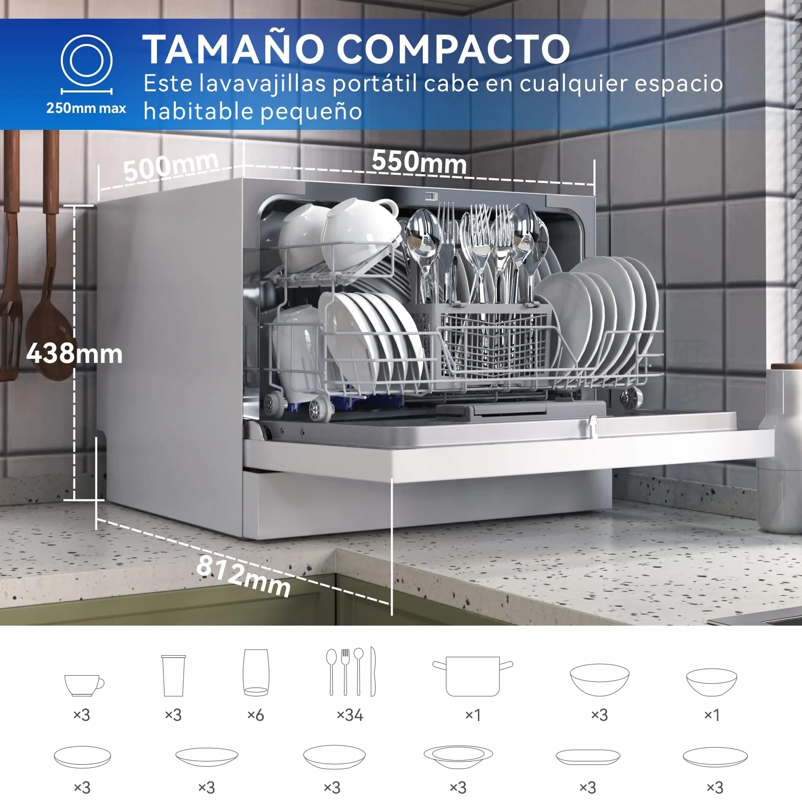 magicplux Lavavajillas compactos, 6 cubiertos, 7+1 programas de lavado, inicio retardado, función de autolimpieza, para apartamentos pequeños, mini lavavajillas con conexión de agua, blanco