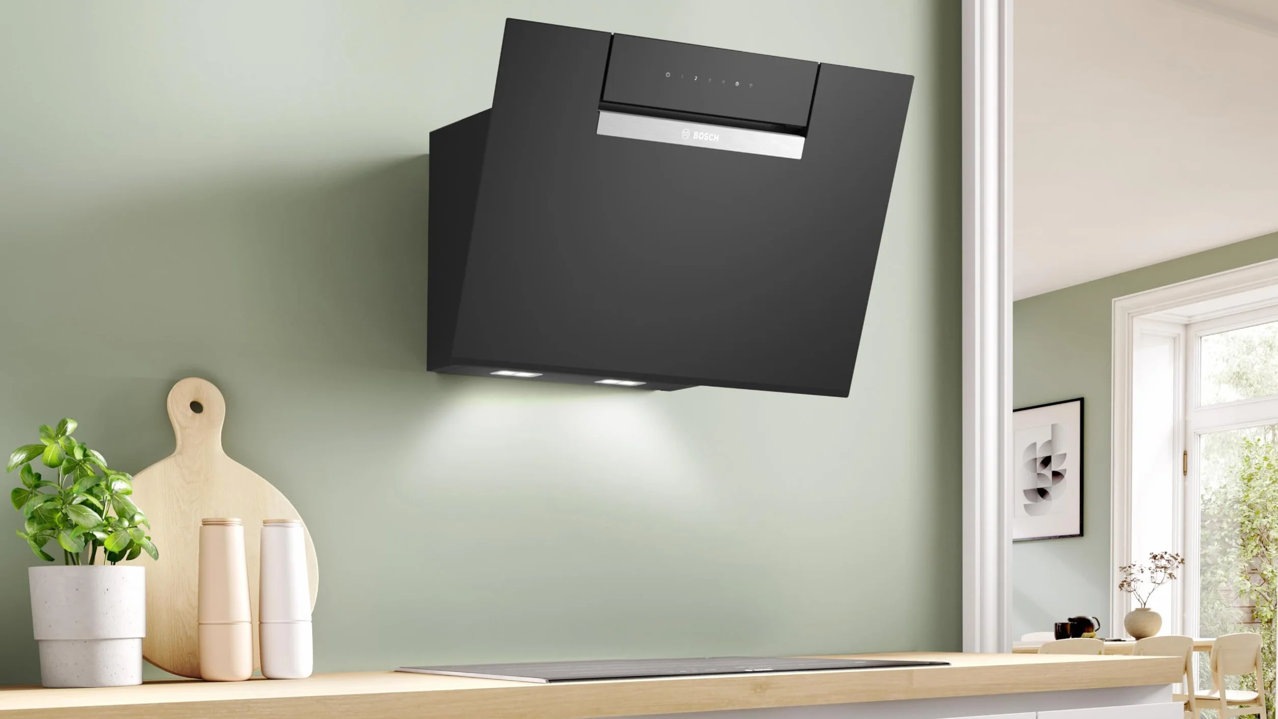 Bosch - Campana Extractora Decorativa de Pared, 60 cm, Serie 4, Electrónica TouchControl, Motor EcoSilence, Home Connect, Cristal Negro, DWK67FN60