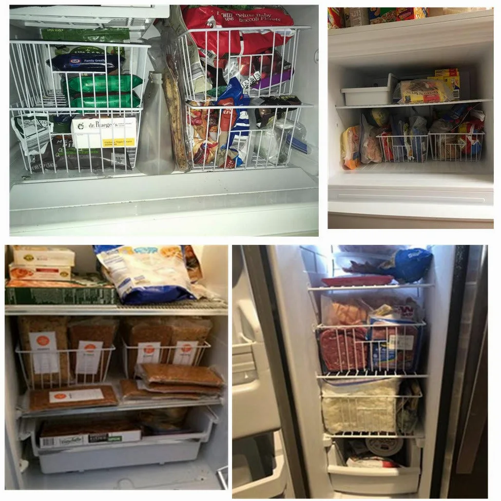 Contenedor organizador de congelador de 16 pulgadas de largo x 12 pulgadas de ancho x 6 pulgadas de alto, contenedores de almacenamiento de alambre de metal para refrigerador con asas para cocina,