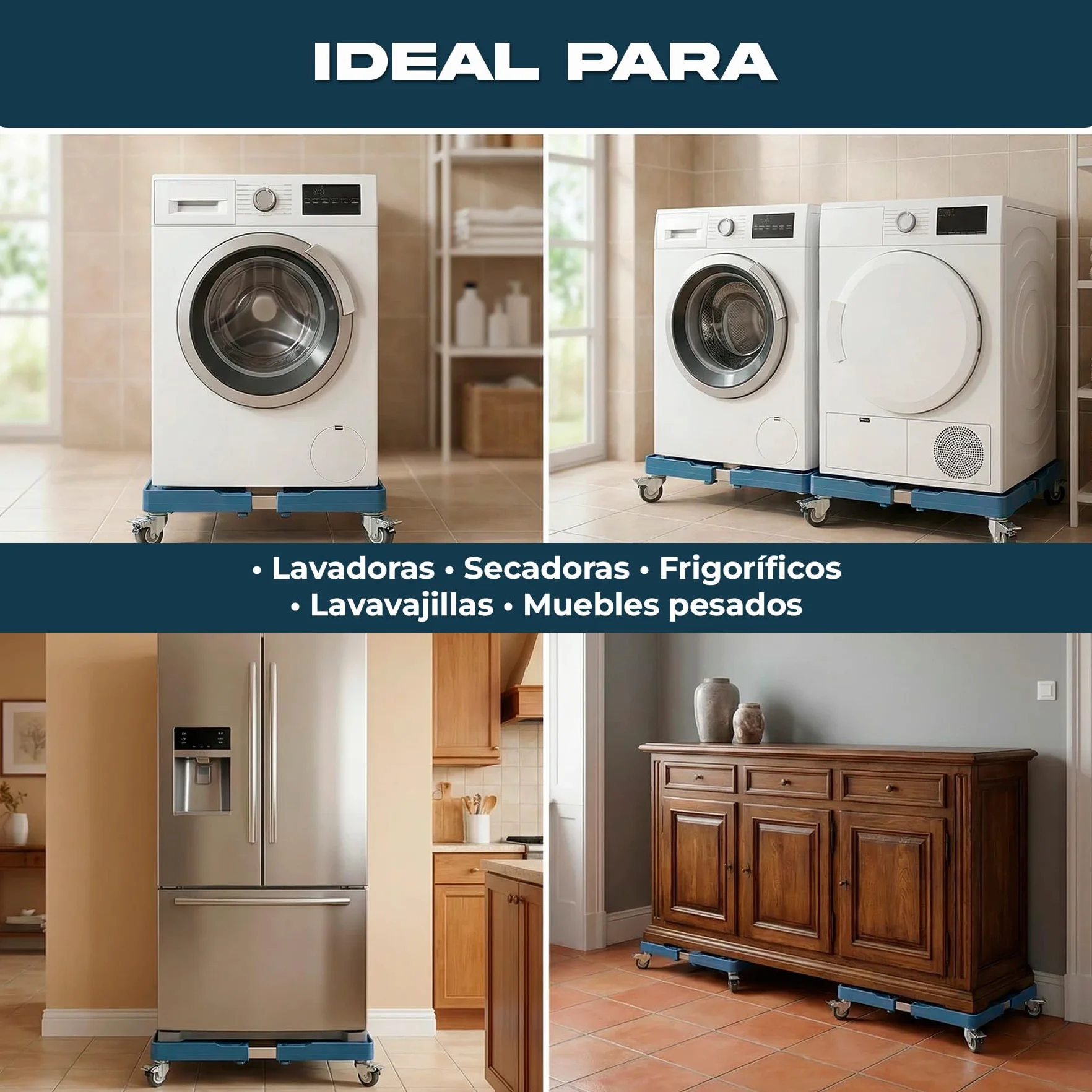 Base Regulable Carro para Lavadora con Ruedas Cia&Co – Soporte Ajustable 42,5–65 cm – Plataforma Móvil profesional hasta 300 kg – Para Frigorífico, Secadora y Electrodomésticos (BASE + 4 RUEDAS)