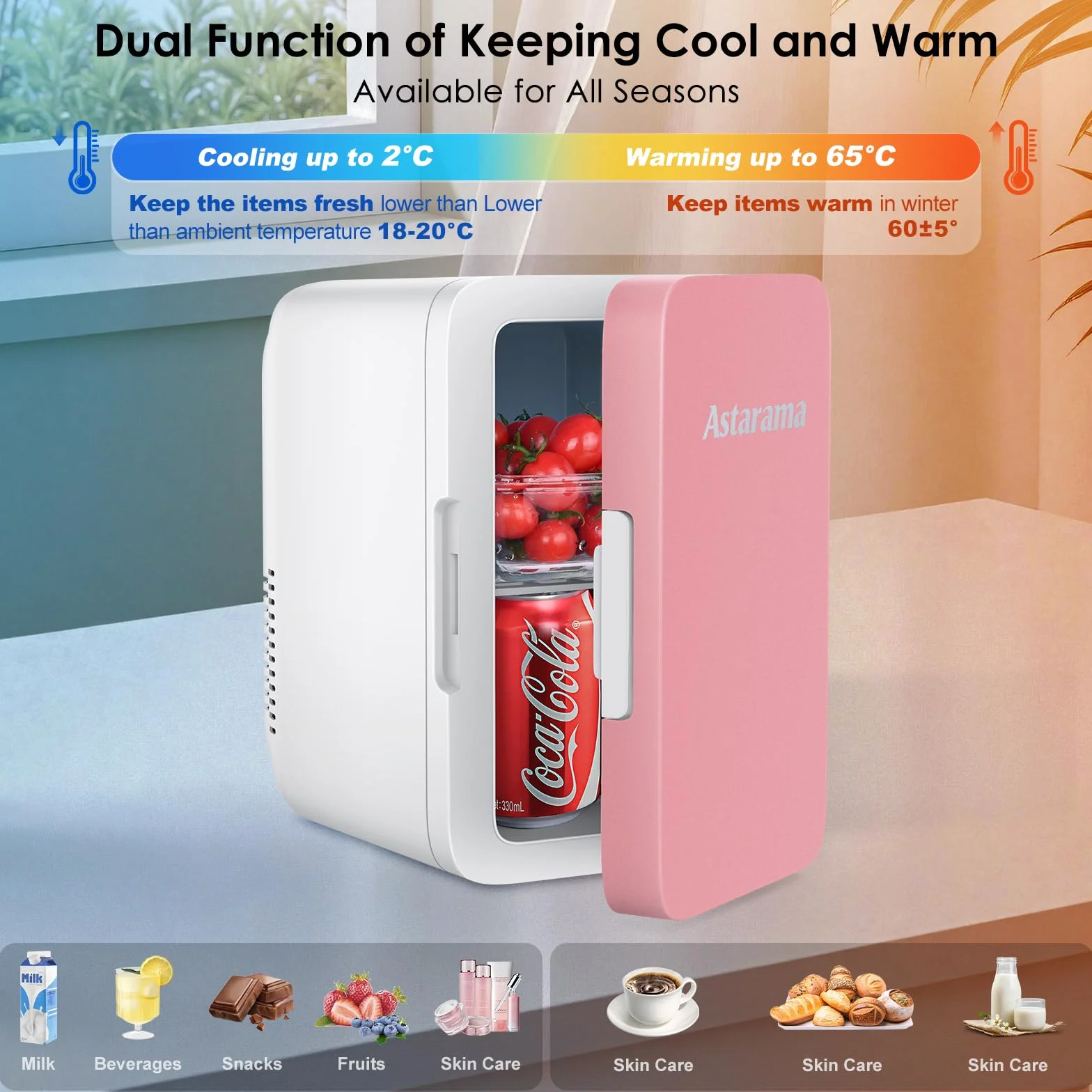 Astarama Nevera Pequeña,6 Litros/8 Latas, 220V AC/12V DC, Enfriador y Calentador Termoeléctrico, Mini Nevera Compatible Coche y Caravanas.Mini Frigorifico Para Bebidas, Cosméticos. (Rosa)