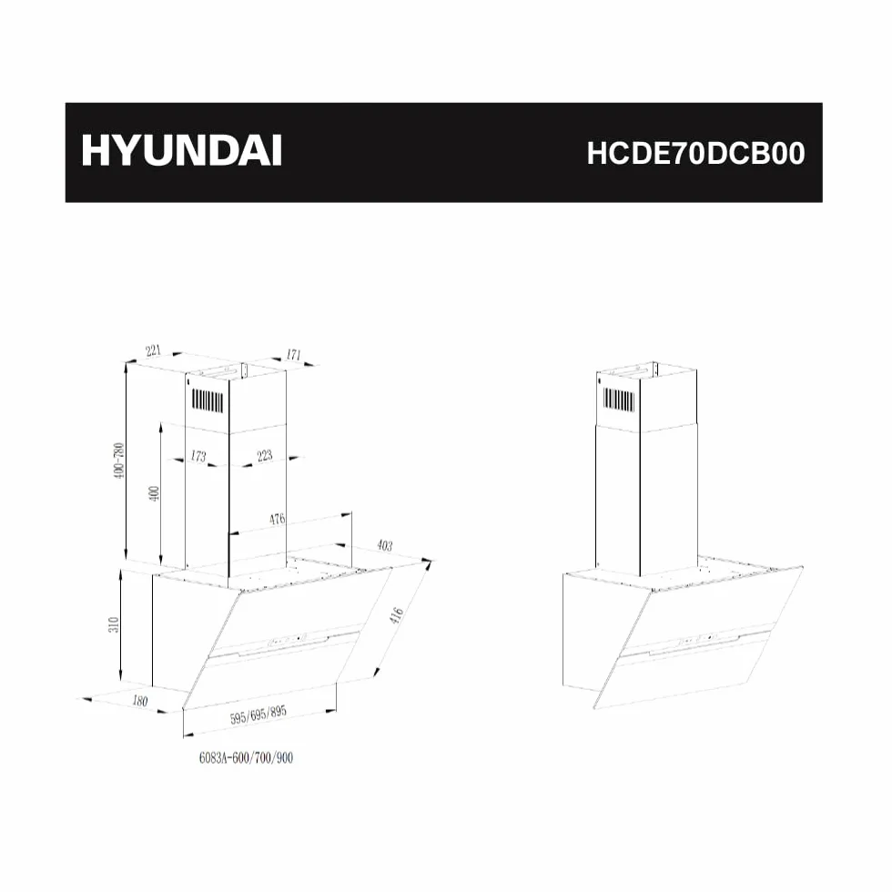 Hyundai Campana Extractora Decorativa Inclinada 70cm, Cristal negro, HCDE70DCB00. Potencia 831m3/h, 3 Velocidades, 2 Filtros, 64 dB Nivel Sonoro, Control Táctil, Filtros aptos para Lavavajillas