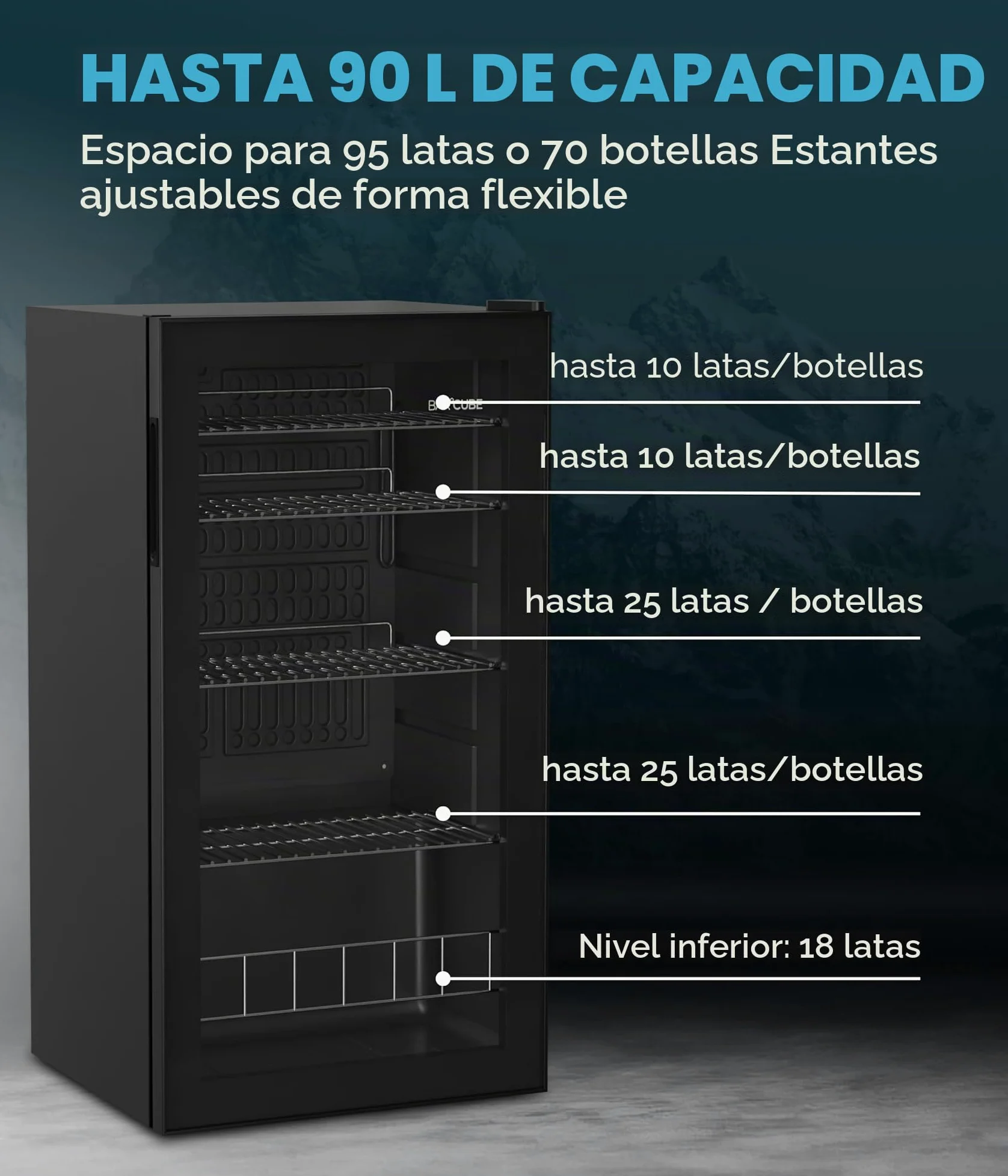 °CUBES Frigorífico para bebidas BAR 90L, frigorífico con puerta de cristal, con 4 estantes