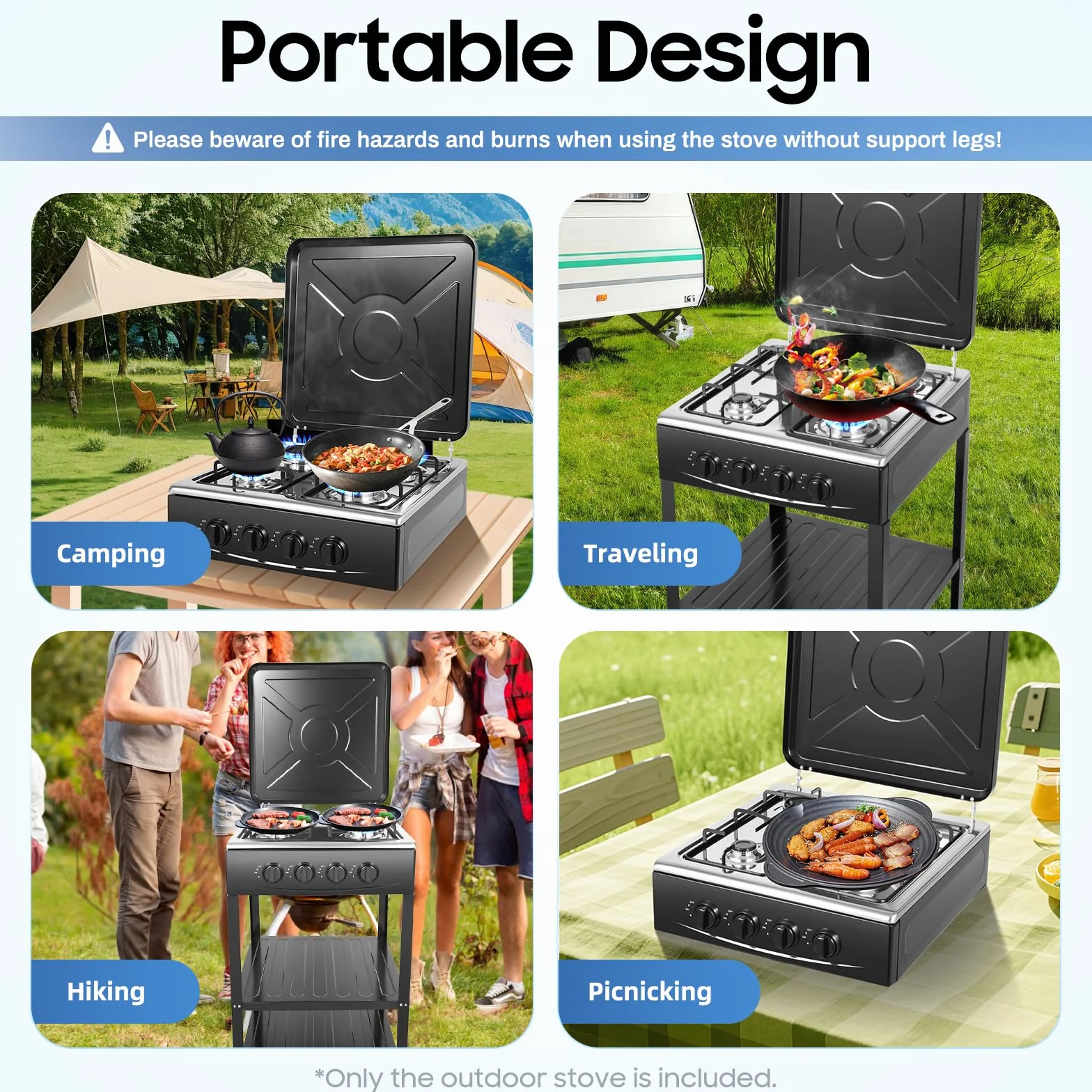 Cocina de gas independiente de 4 fuegos con estante, placa de gas para propano/gas natural, encendido manual, estufa de gas para camping, exterior, autocaravana, color negro, 49 x 49 x 79 cm