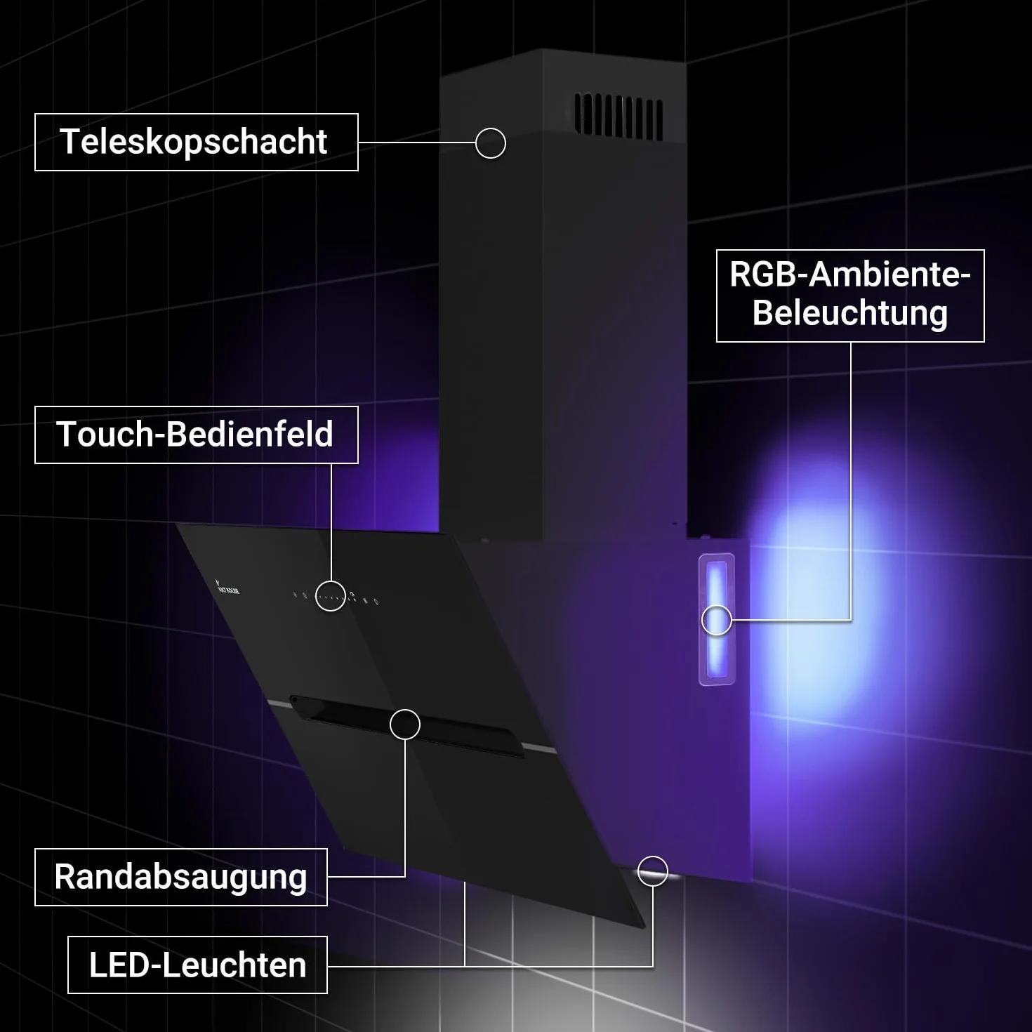 KKT KOLBE campana extractora de 60 cm | 782 m³/h Descarga de ingresos de urinación | Sin cabeza | Montado en pared | Vidrio negro | Smart WiFi App WLAN | Iluminación LED RGB | EC6005SM