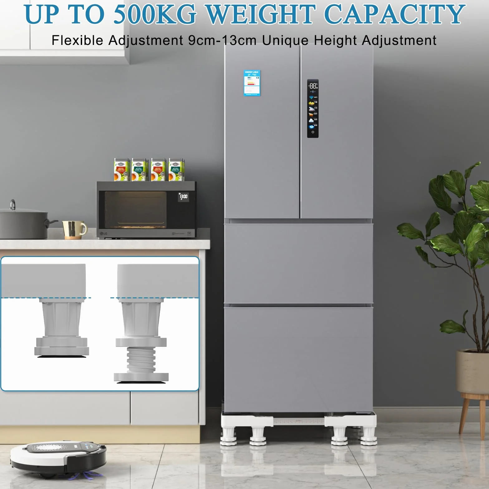 DEWEL Base de Lavadora de 12 Pies, Base de Frigorífico Universal Ajustable para Secadora, Carga de Oso 500kg Base Ajustable Ancho 46-60cm, Altura 9cm-12cm.