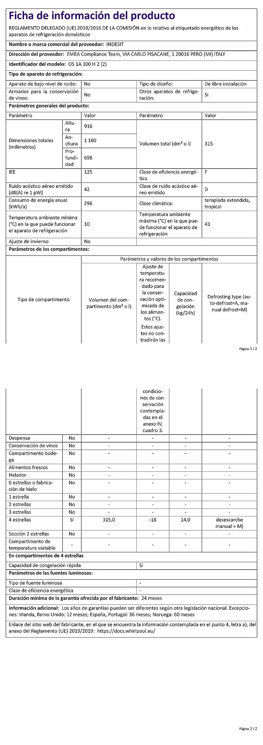 Congelador Horizontal - Indesit OS 1A 300 H2, Capacidad 311 litros, Clase A+, Blanco