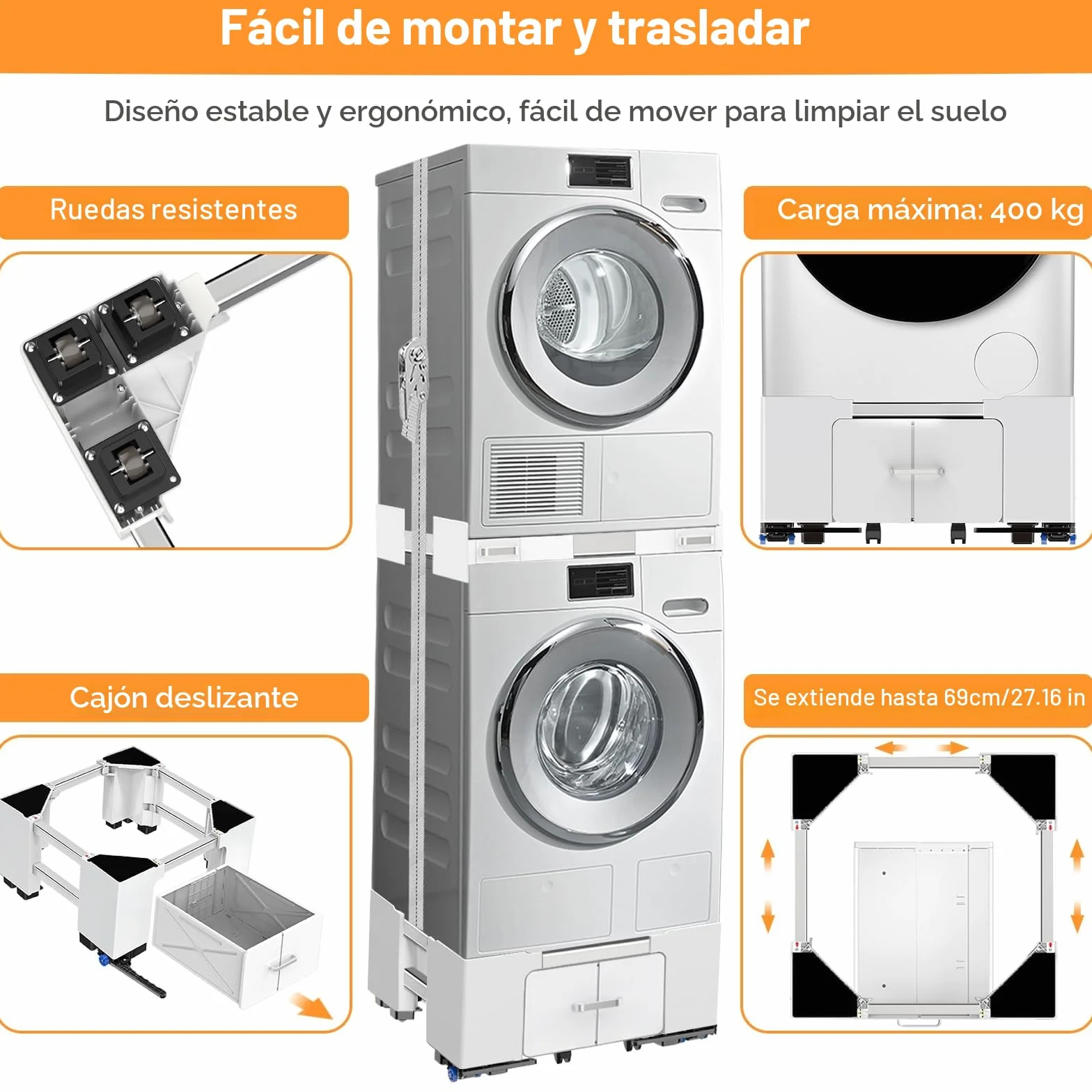 NIUXX Soporte Universal para Lavadora con Cajón y Ruedas, Función Antivibración Ajustable (42-69cm), Soporte Lavadora Secadora con Freno, para Lavadoras y Secadoras, Capacidad de Carga 400 kg