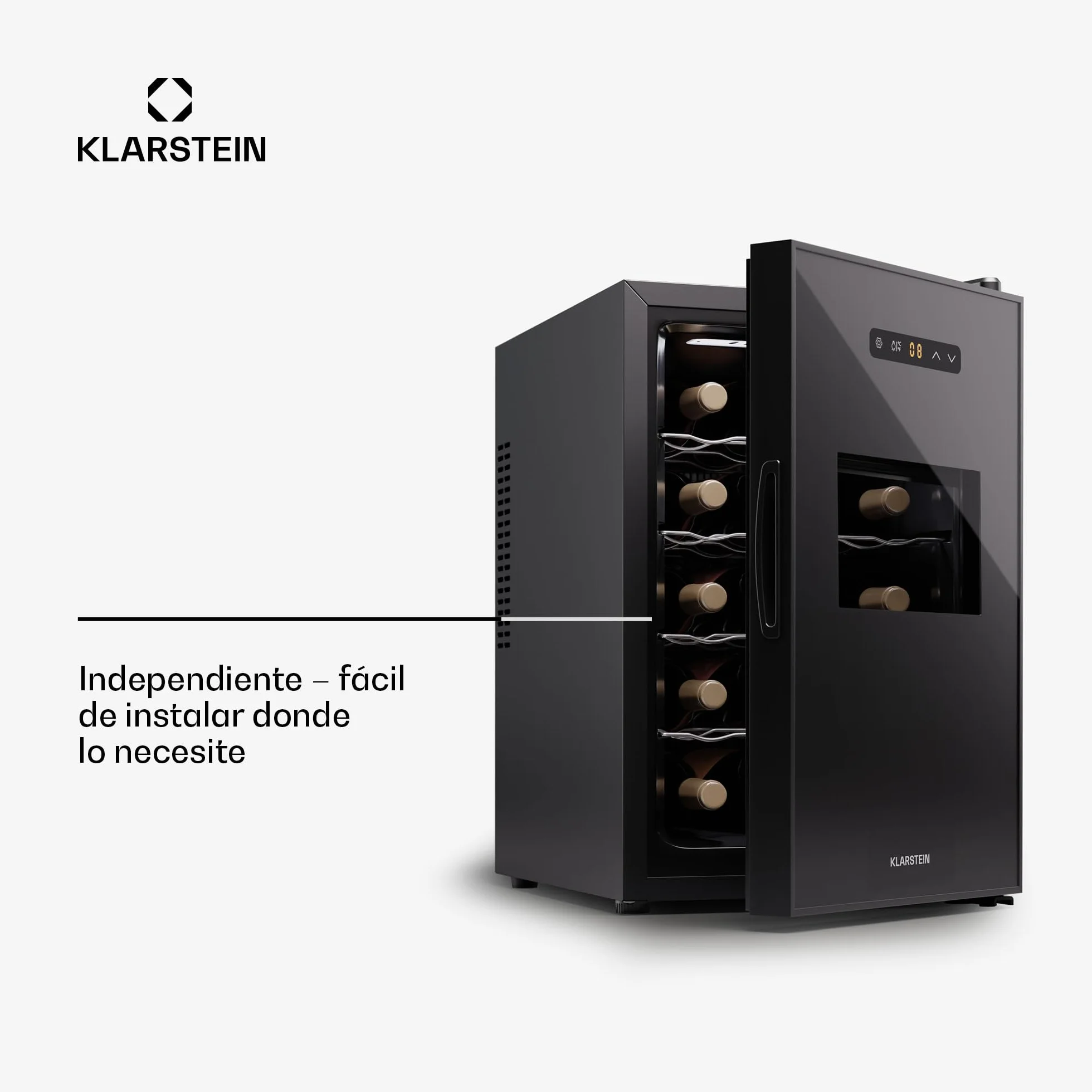 KLARSTEIN Nevera para vino independiente 1 zona, Nevera para bebidas pequeña, Nevera para vino pequeña con puerta de cristal,para botellas interior/exterior, para, 15 botellas