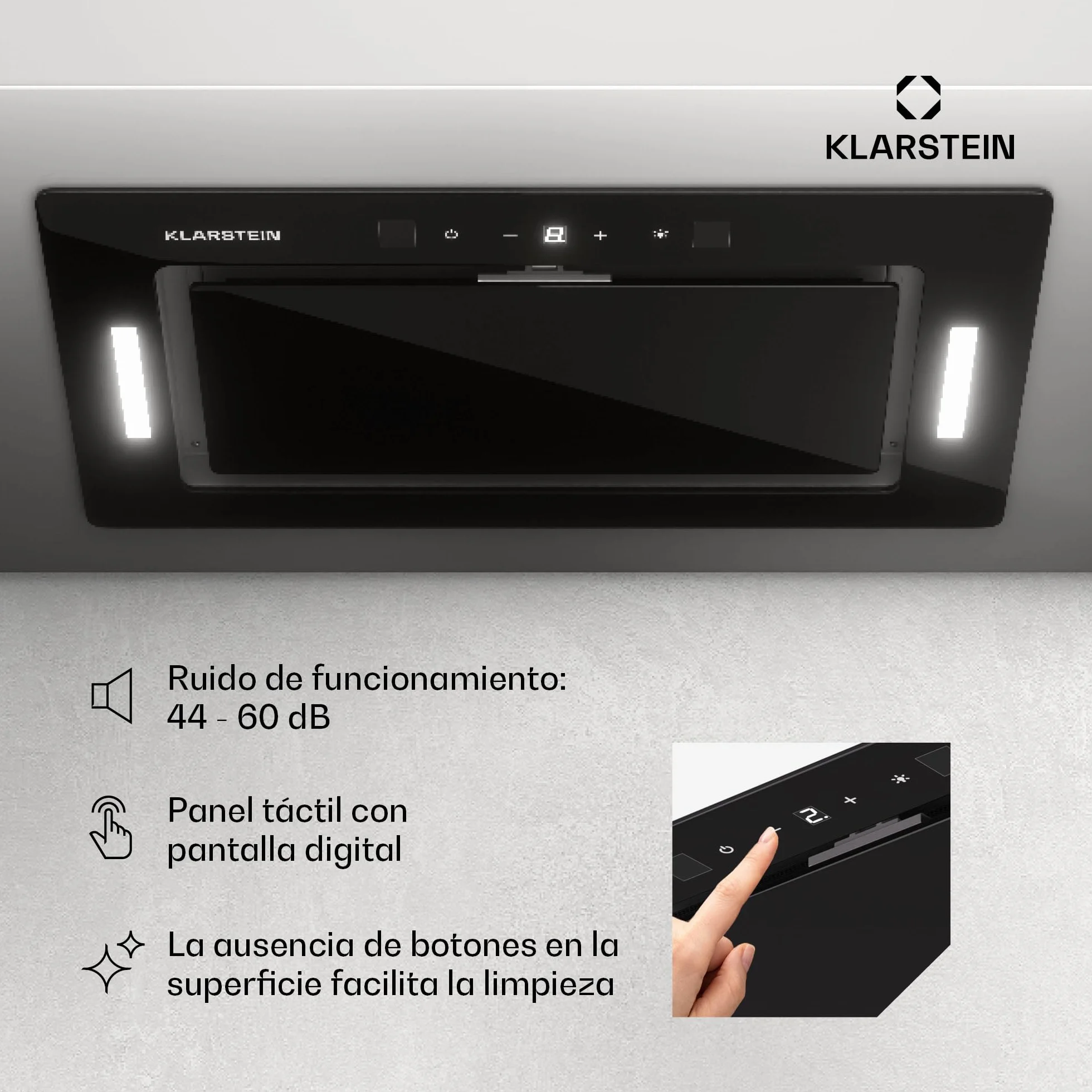 Klarstein Campana Extractora Cocina 52cm con Luces LEDs, Extractor con Filtros Anti Grasa y Panel Táctil, Campanas Extractoras con Flujo Aire 466m³/h, Extractores Cocinas