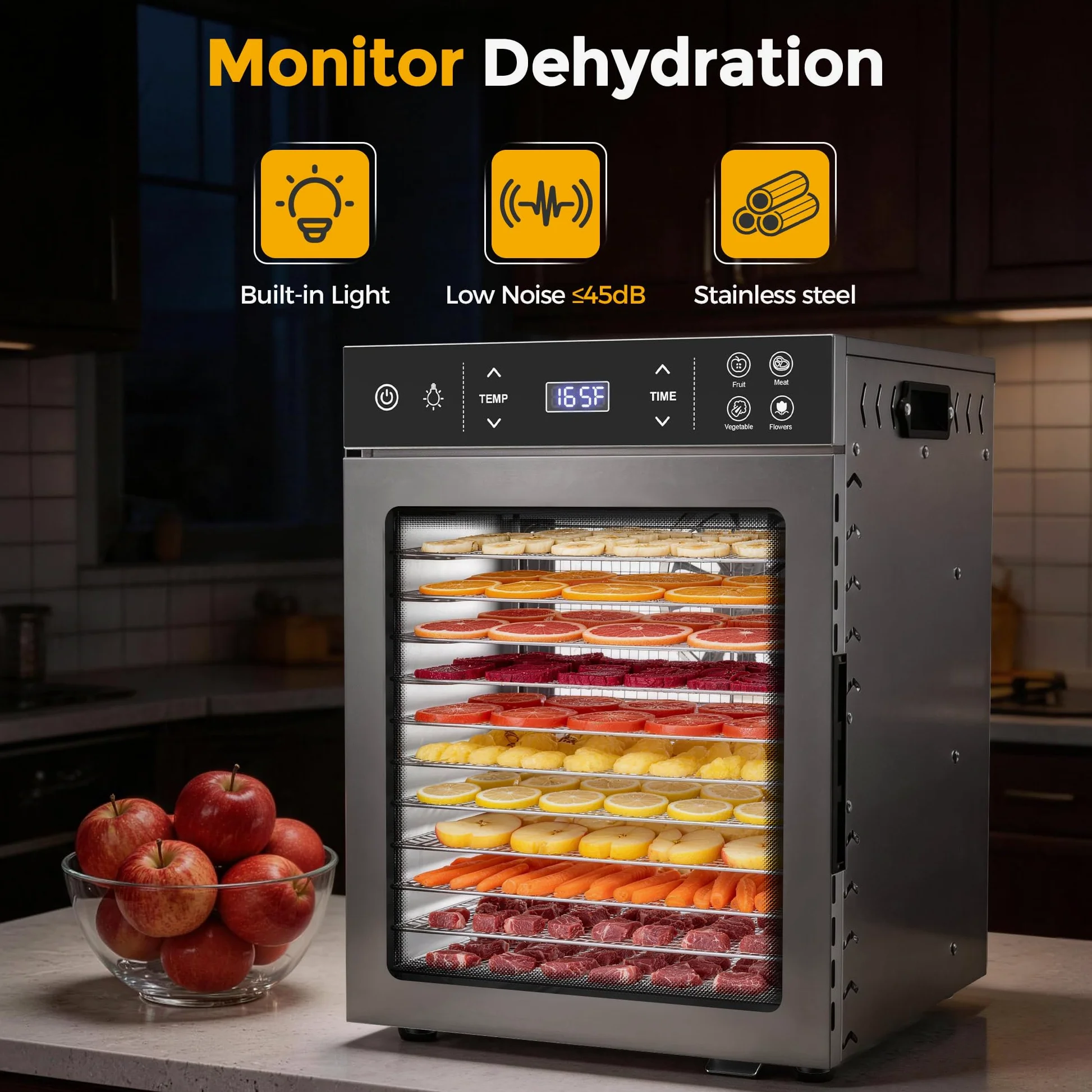 Suteck Secador de alimentos con 12 cuencos, 800 W con cuencos de acero inoxidable, ventiladores dobles y flujo de aire de 360°, control digital de temperatura y