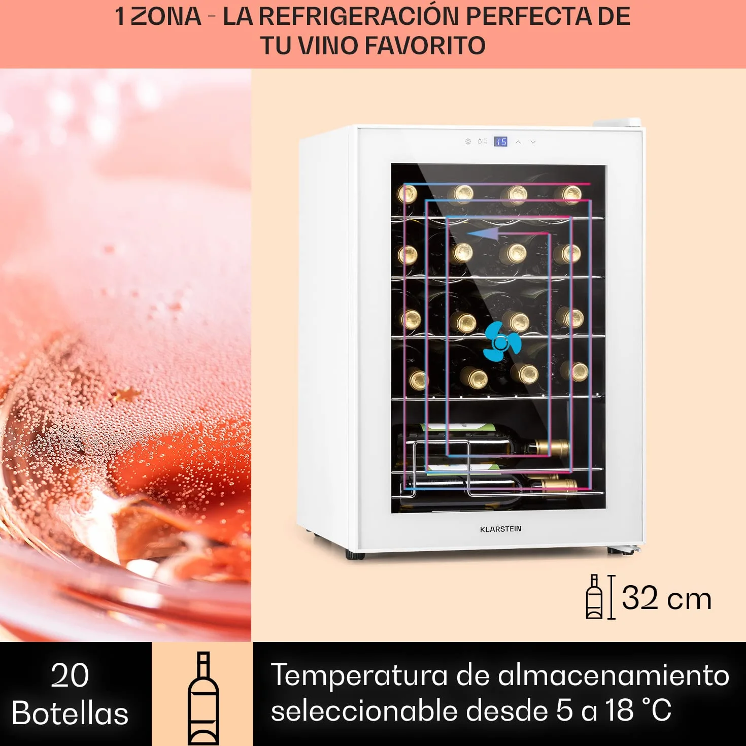 KLARSTEIN Vinoteca para Vinos de 53L Nevera Vino Una Zona, Botellas Vino, Proseco y Cervezas, Vinoteca Pequeña Puerta Cristal para Interior y Exterior, Nevera para Vinos Capacidad 20 Botellas