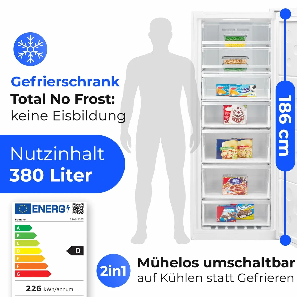 Congelador Bomann® NoFrost - 70 cm de ancho - 2 en 1 - convertible a refrigerador - 186 cm de alto - Clase energética D - Congelador - 5 cajones y 2 compartimentos - - Capacidad de 380 L - GSVS 7365