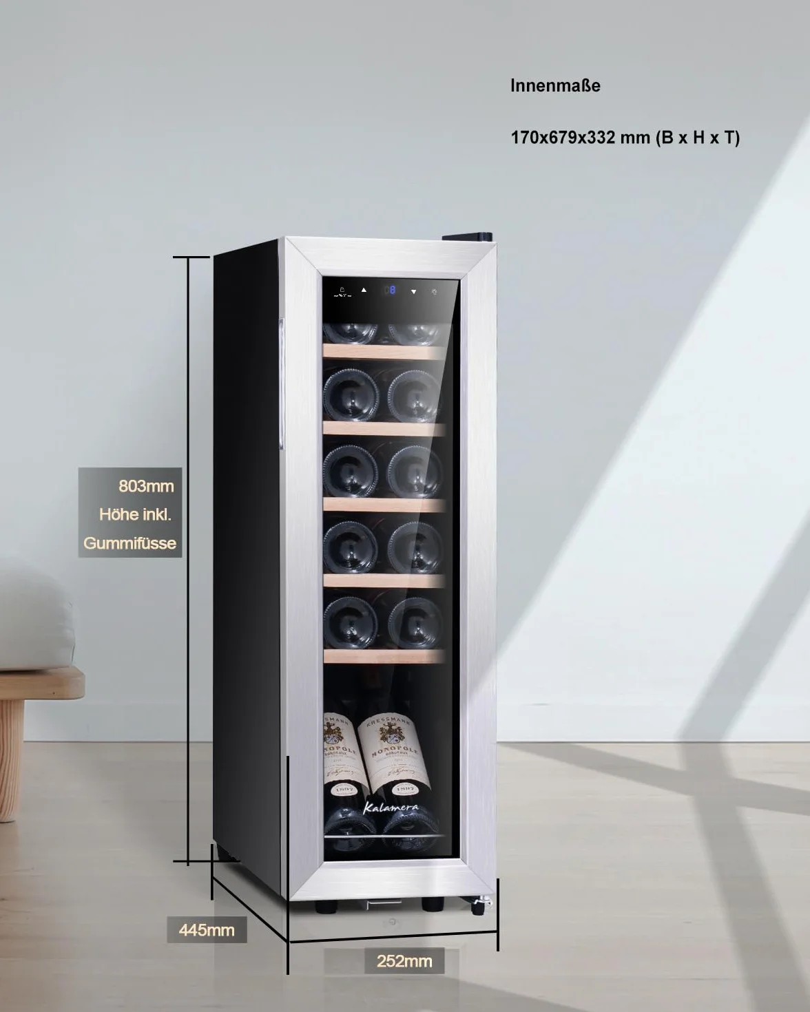 Kalamera Nevera pequeña para vino, 5 – 18 °C, compresor, 12 botellas, almohadillas de madera extraíbles, 35 litros, KRC-35FCSS Vinoteca