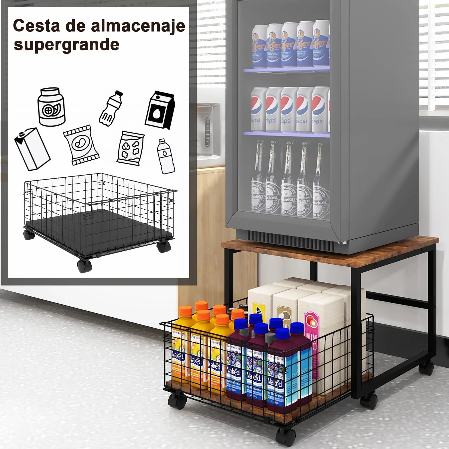 PUNCIA Soporte de Frigorífico con Cesta Metálica Base Móvil para Refrigerador con Ruedas Mueble Congelador Estantería para Nevera con Cesta Extraíble de Almacenamiento para Cocina Salón Oficina Retro