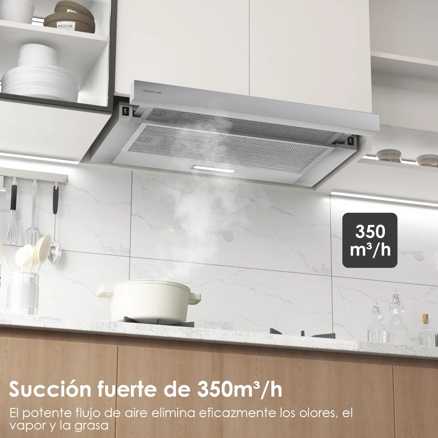 Campana extractora telescópica 60 cm 350 m³/h integrada 600 mm LED 2 velocidades