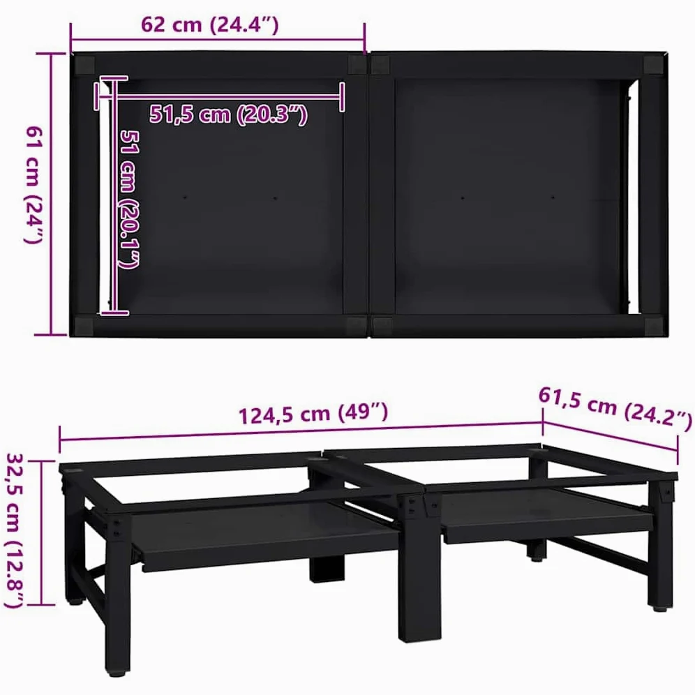 Pedestal de acero negro para lavadora, 124,5 x 61,5 x 32,5 cm, 2 piezas para lavandería con patas ajustables, antivibración y ergonomía mejorada
