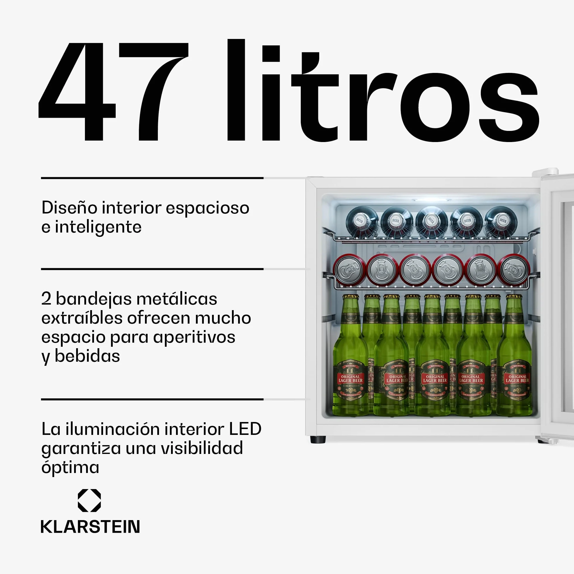 KLARSTEIN Beersafe Nevera para Bebidas - 47L, Puerta de Cristal Espejo, 0-13°C, 2 Estantes Metálicos Extraíbles, Frigorifico para Bebidas, Control Giratorio, Bajo Ruido