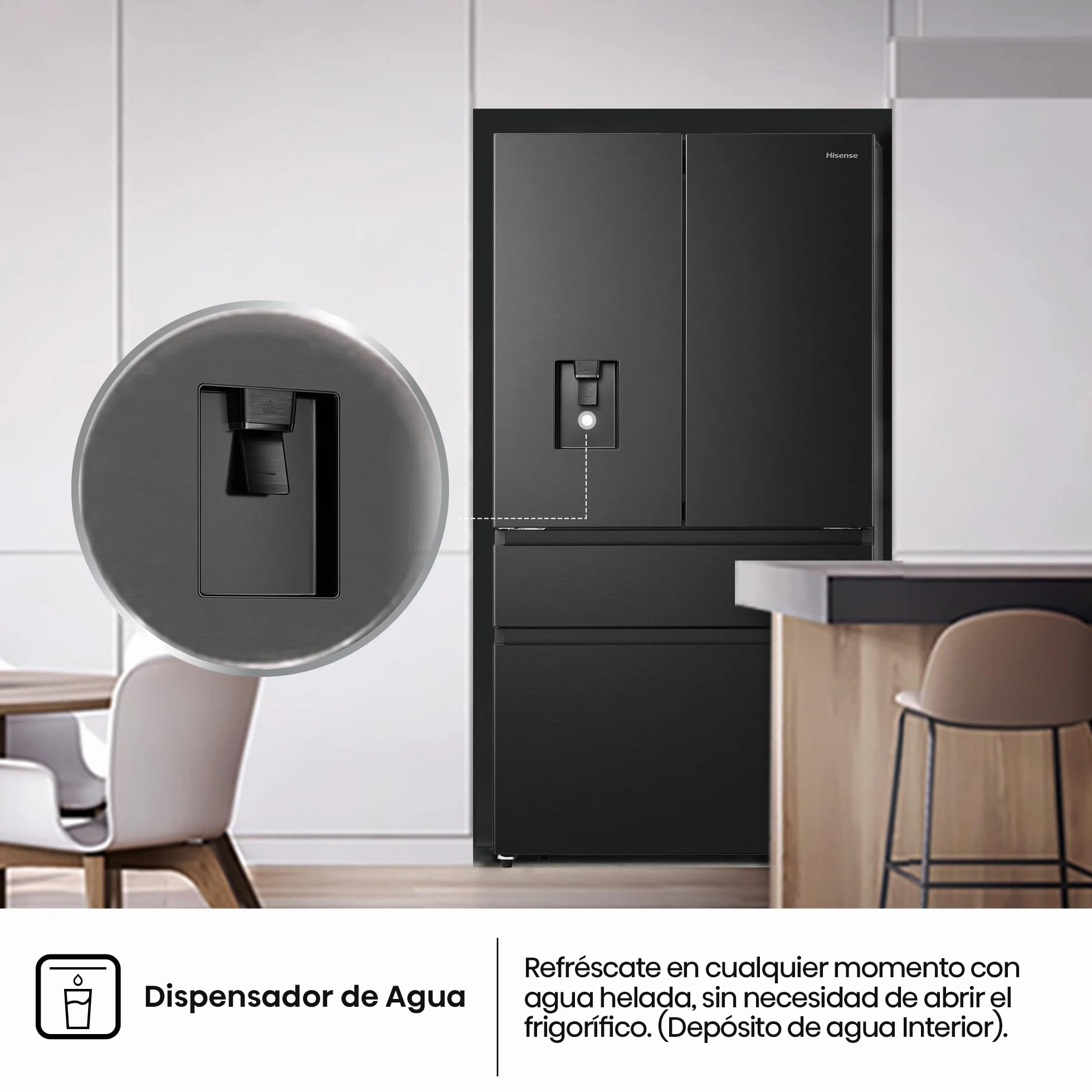 Hisense RF749N4SWFE - Frigorífico Americano Puerta Francesa Total No Frost, 579L,179cm, Metal-Tech Cooling, My Fresh Choice, Multi Airflow, Dispensador Agua con Depósito, Inverter, WiFi, Dark Inox