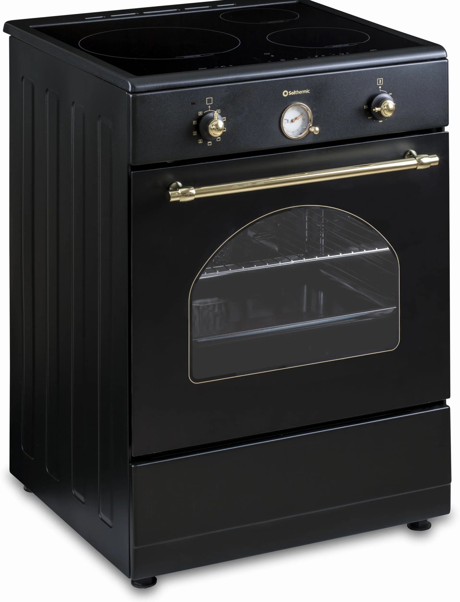 INDUCCION COCINA SOLTHERMIC 60x60 VTI60 NEGRA ACABADOS DORADOS/HORNO GRAN CAPACIDAD CON TURBO 60L / FUNCIONES BOOSTER, ALTA POTENCIA, CALENTAMIENTO RÁPIDO / 3 ZONAS (1 GRAN ZONA) / BAJO CONSUMO (A)