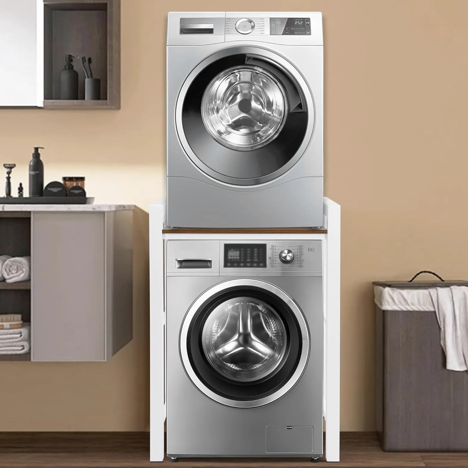 Mueble Lavadora Secadora, Soporte Secadora Sobre Lavadora, Estantería Lavadora, Armario Lavadora Secadora con 3 Alturas Ajustables, Capacidad de Carga 350kg, Para BañO, BalcóN, Lavandería