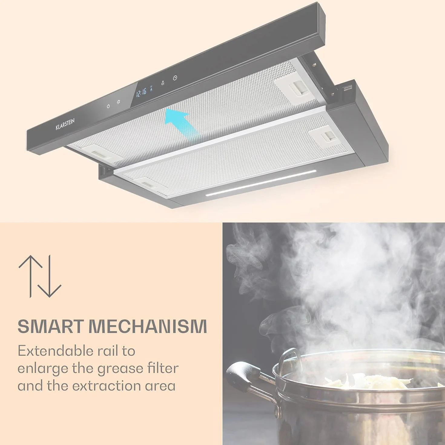 Klarstein Mariana Neo - Campana extractora encastrable, Extraíble, Caudal aire 640 m³/h, Potencia 150 W, 3 potencias, Temporizador, 2 filtros grasa, Panel táctil, Pantalla LCD, EEC A, 60 cm, Negro