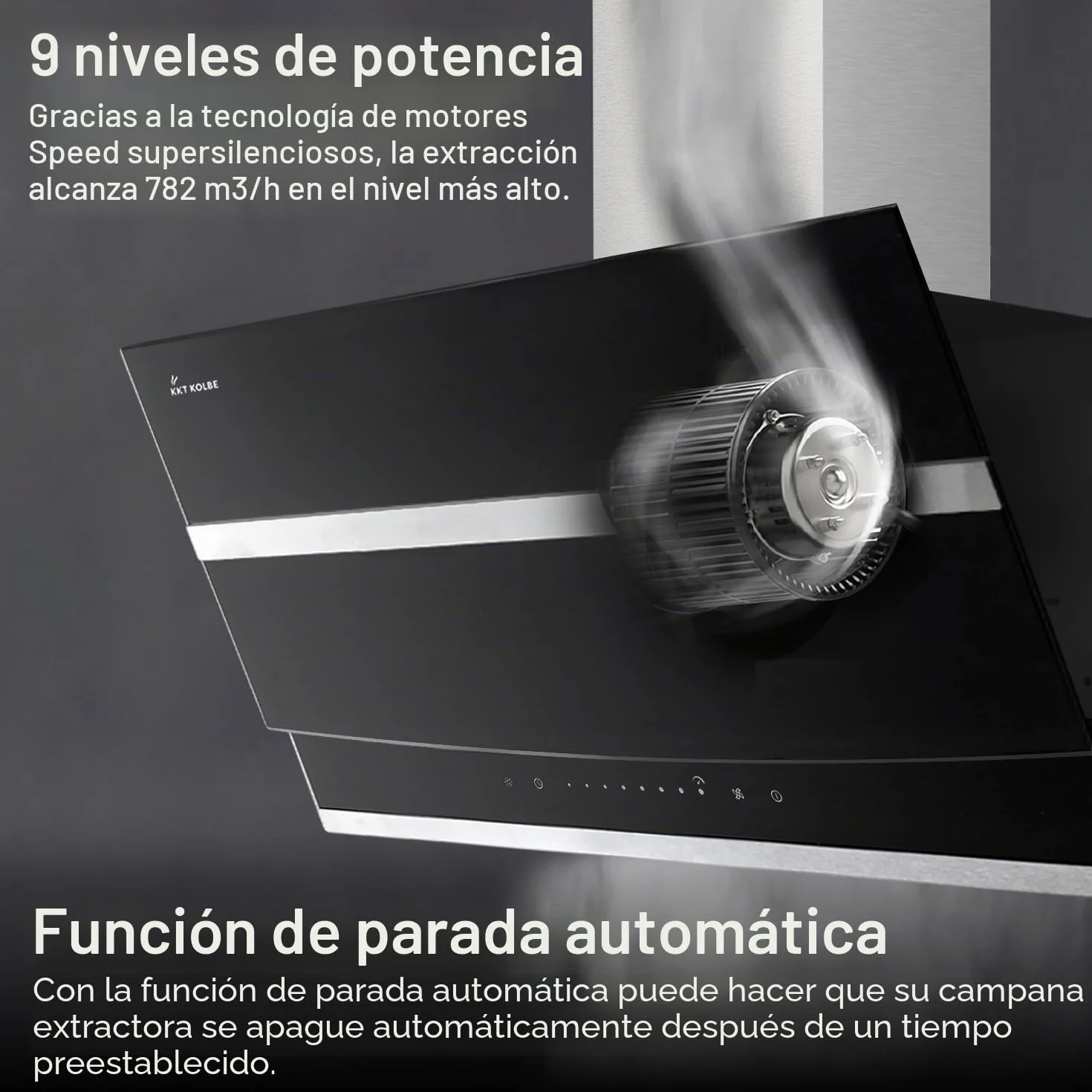 Campana Extractora 80 cm | Campana de Pared Inclinada | acero inoxidable | vidrio negro | apagado automático | Funcionamiento táctil | HERMES8005S