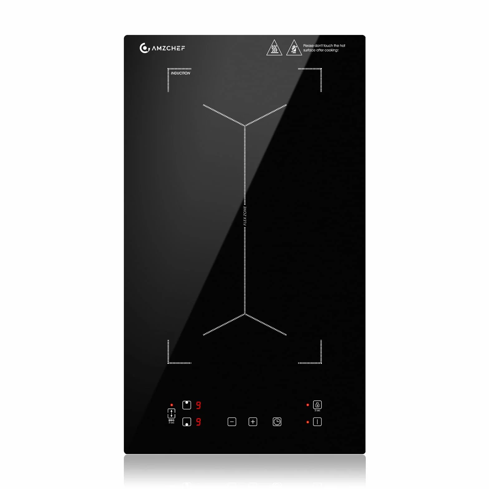 Placa de inducción con zonas flexibles, AMZCHEF placa induccion doble con 9 niveles de potencia, calentamiento intermitente, panel de control de moda, cerradura de seguridad, 3300W, negro