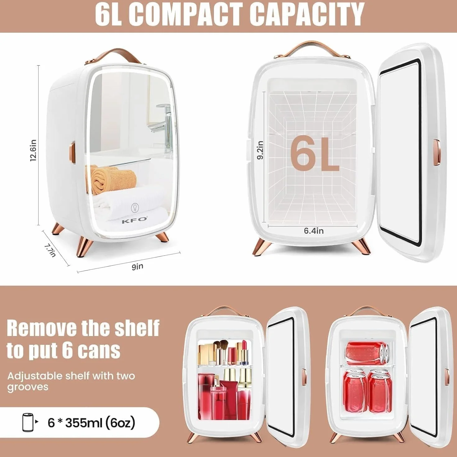 KFO Nevera Para Cosmeticos Con Espejo LED 6L | Nevera De Maquillaje Portátil, 3 Modos De Luz (Viva/Tamizada/Estrellada) | 6°C + 20 DB Ultra Silenciosa | Mini Nevera Para Cremas Y Perfumes