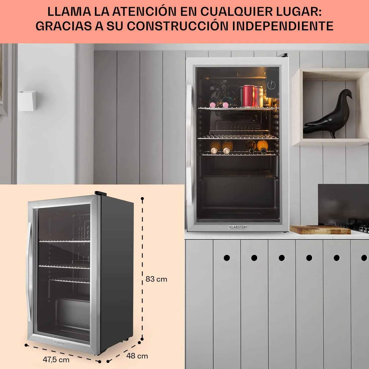 KLARSTEIN Mini Nevera Pequeña con Puerta de Cristal para Habitaciones, 80 L, Frigorifico Portatil Electrico con Estantes para Bebidas