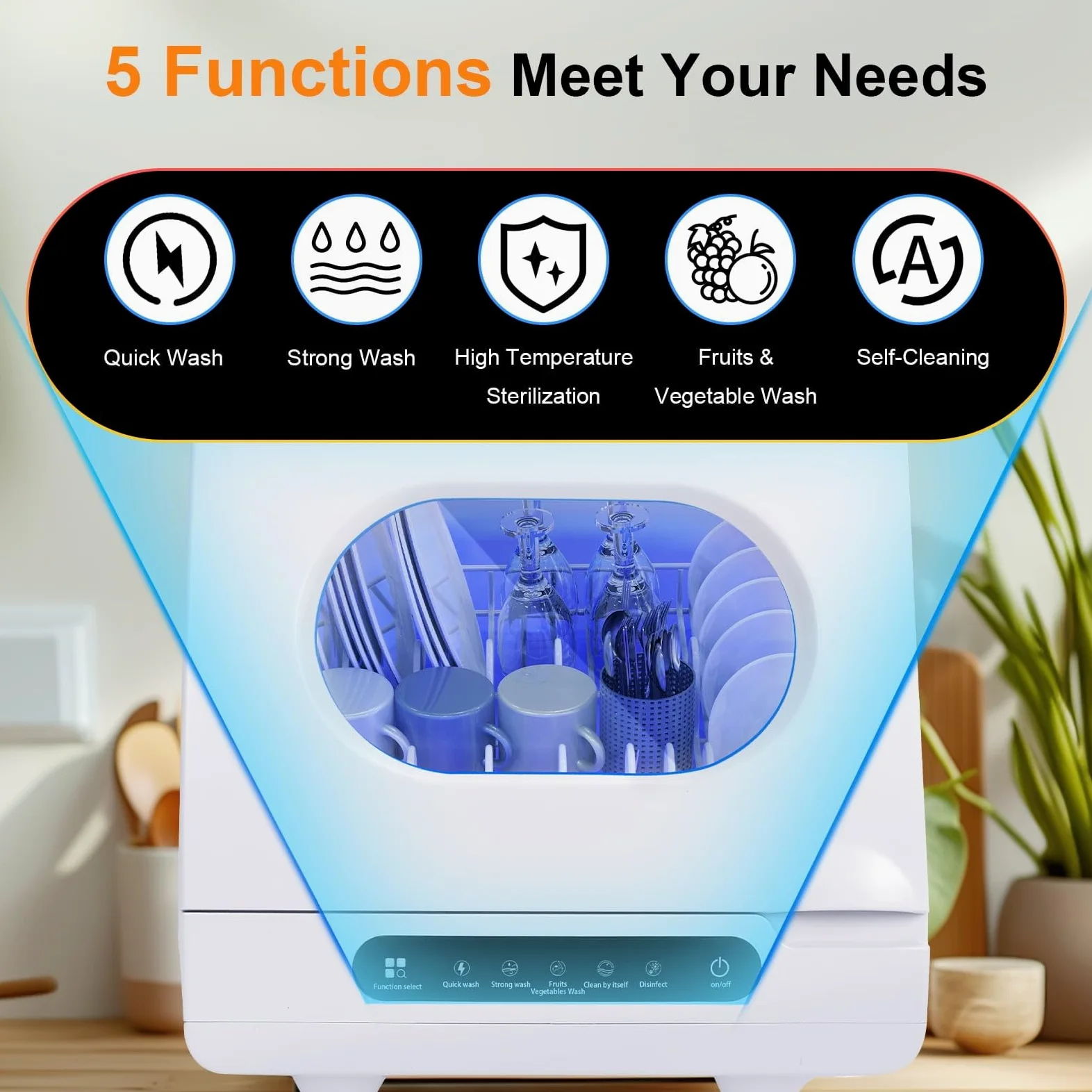 Lavavajillas de Mesa, Mini Lavavajillas con 5 Programas de Lavado, Control Táctil, Secado Automático, Cuidado del Bebé y Lavado de Frutas, Lavavajillas Compacto Portátil para el Hogar, Apartamento