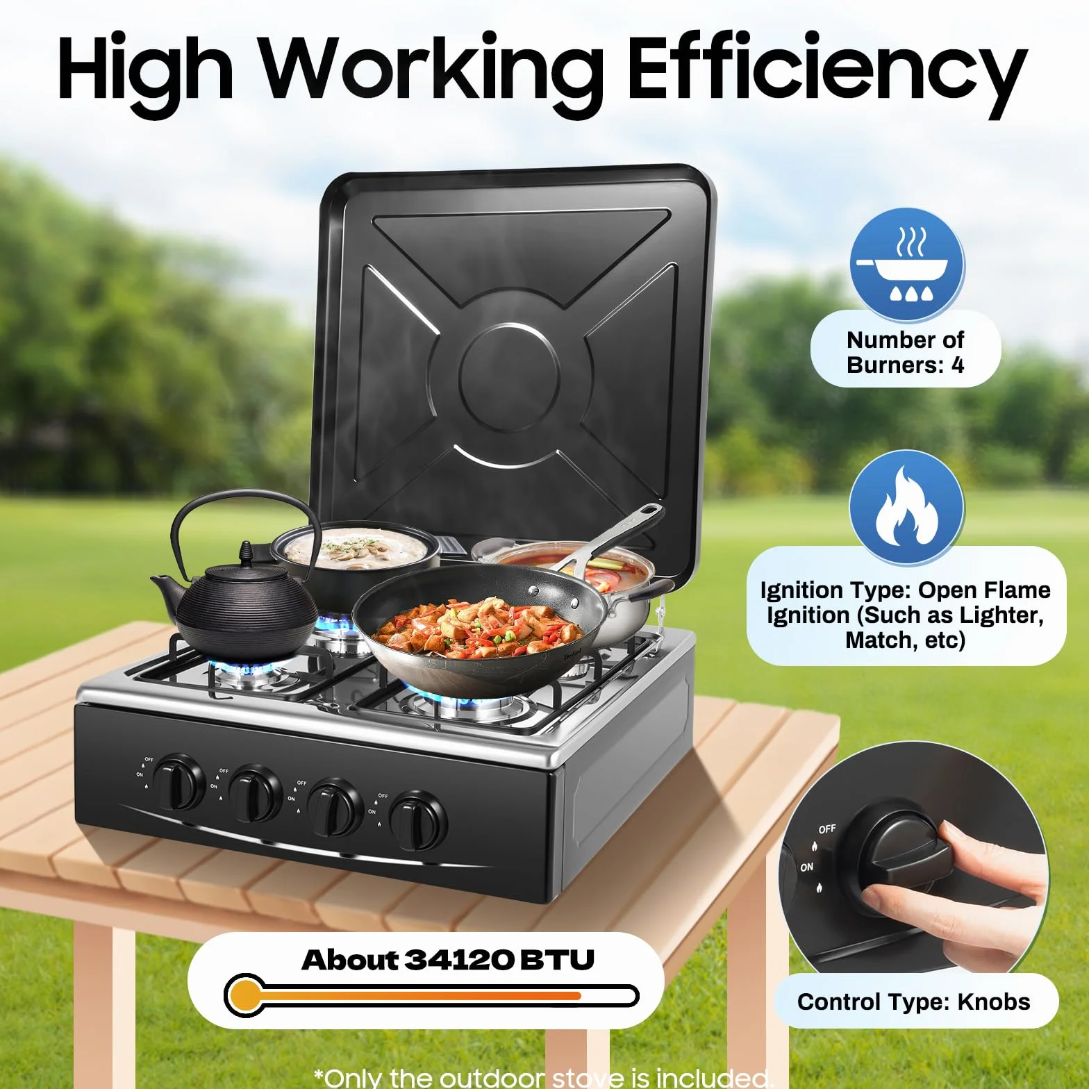 Cocina de gas independiente de 4 fuegos con estante, placa de gas para propano/gas natural, encendido manual, estufa de gas para camping, exterior, autocaravana, color negro, 49 x 49 x 79 cm