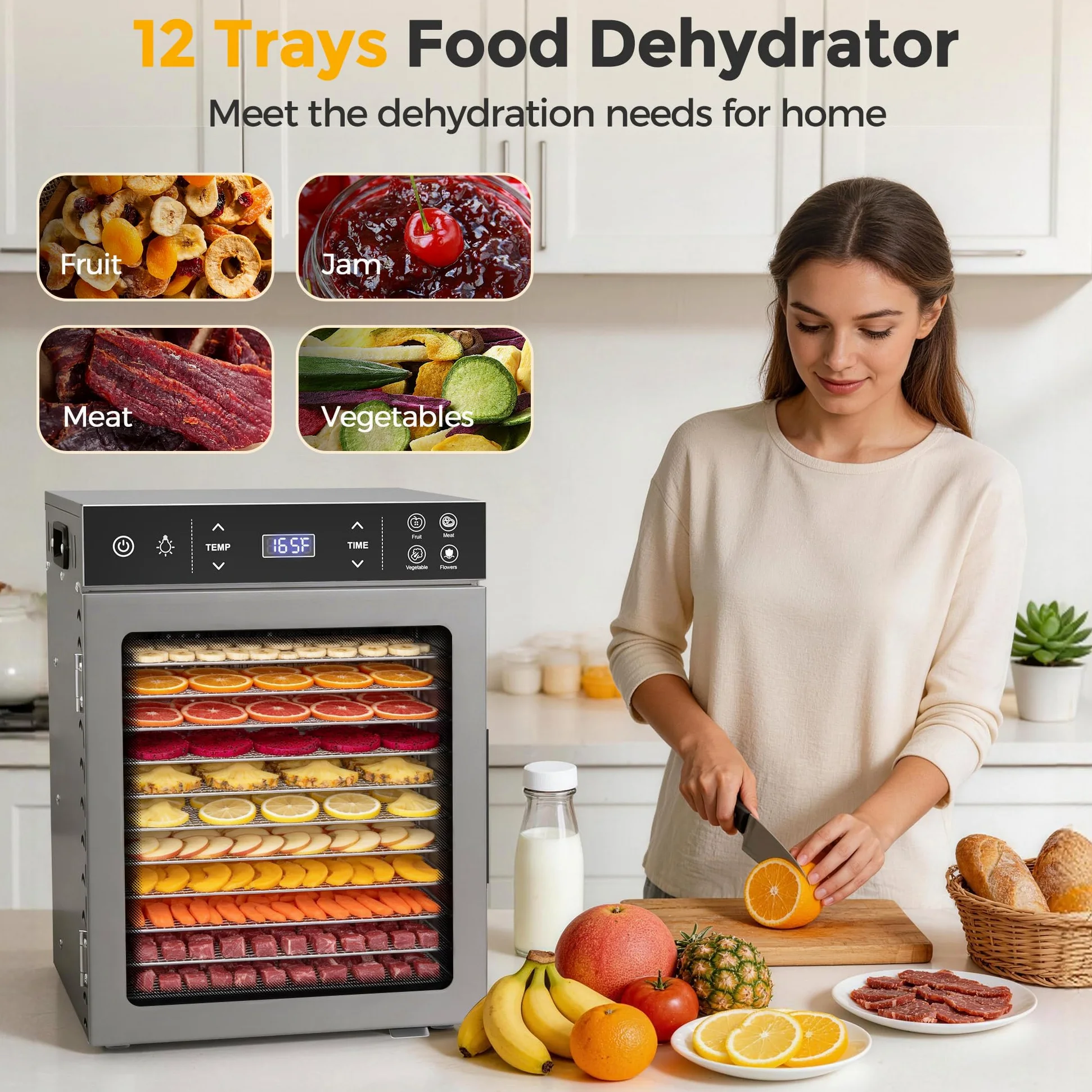 Suteck Secador de alimentos con 12 cuencos, 800 W con cuencos de acero inoxidable, ventiladores dobles y flujo de aire de 360°, control digital de temperatura y