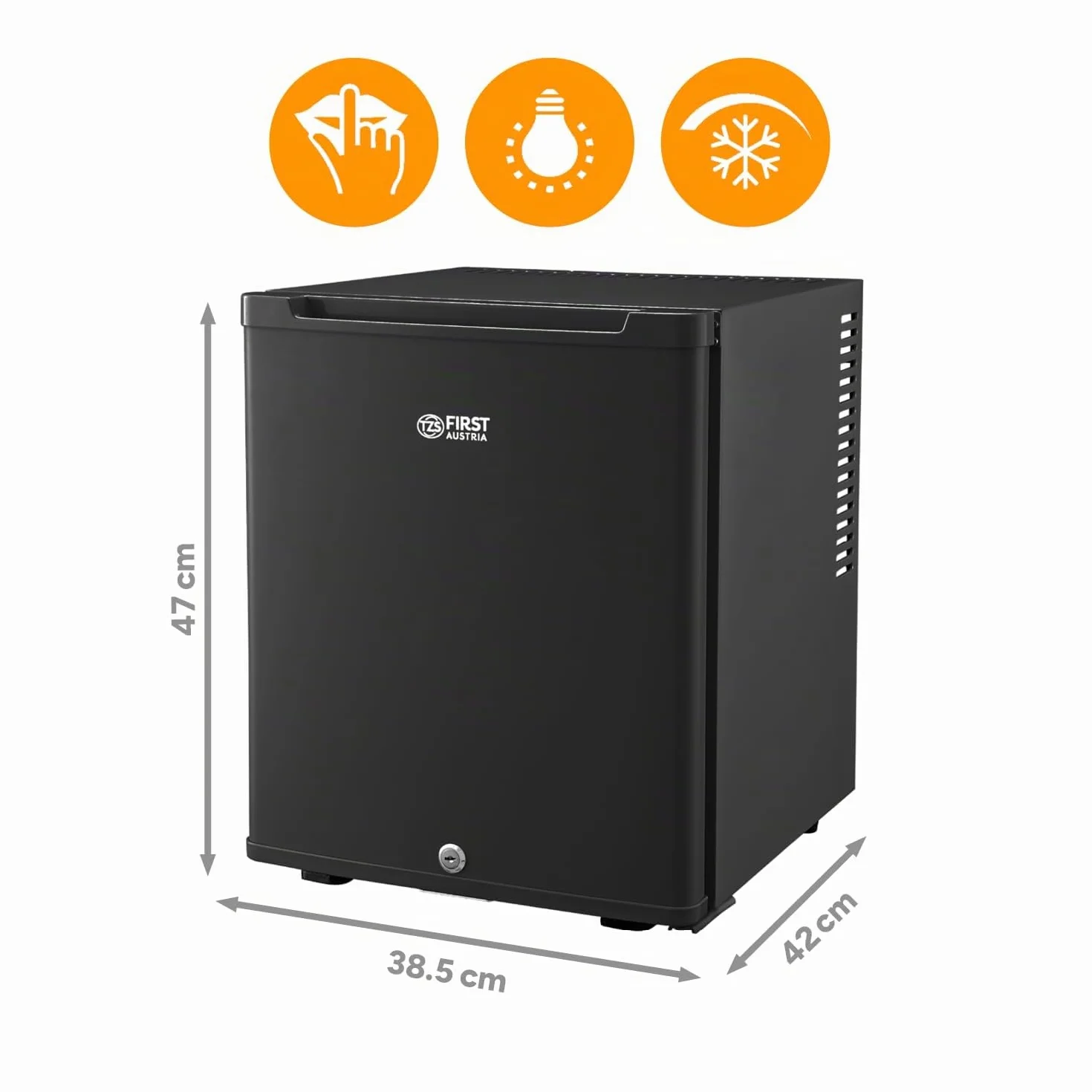TZS First Austria - Mini Frigorífico 30L completamente silencioso - Pequeño Minifrigo con puerta reversible y luz interior - Minibar para camping, oficina, dormitorio y hotel - Negro mate