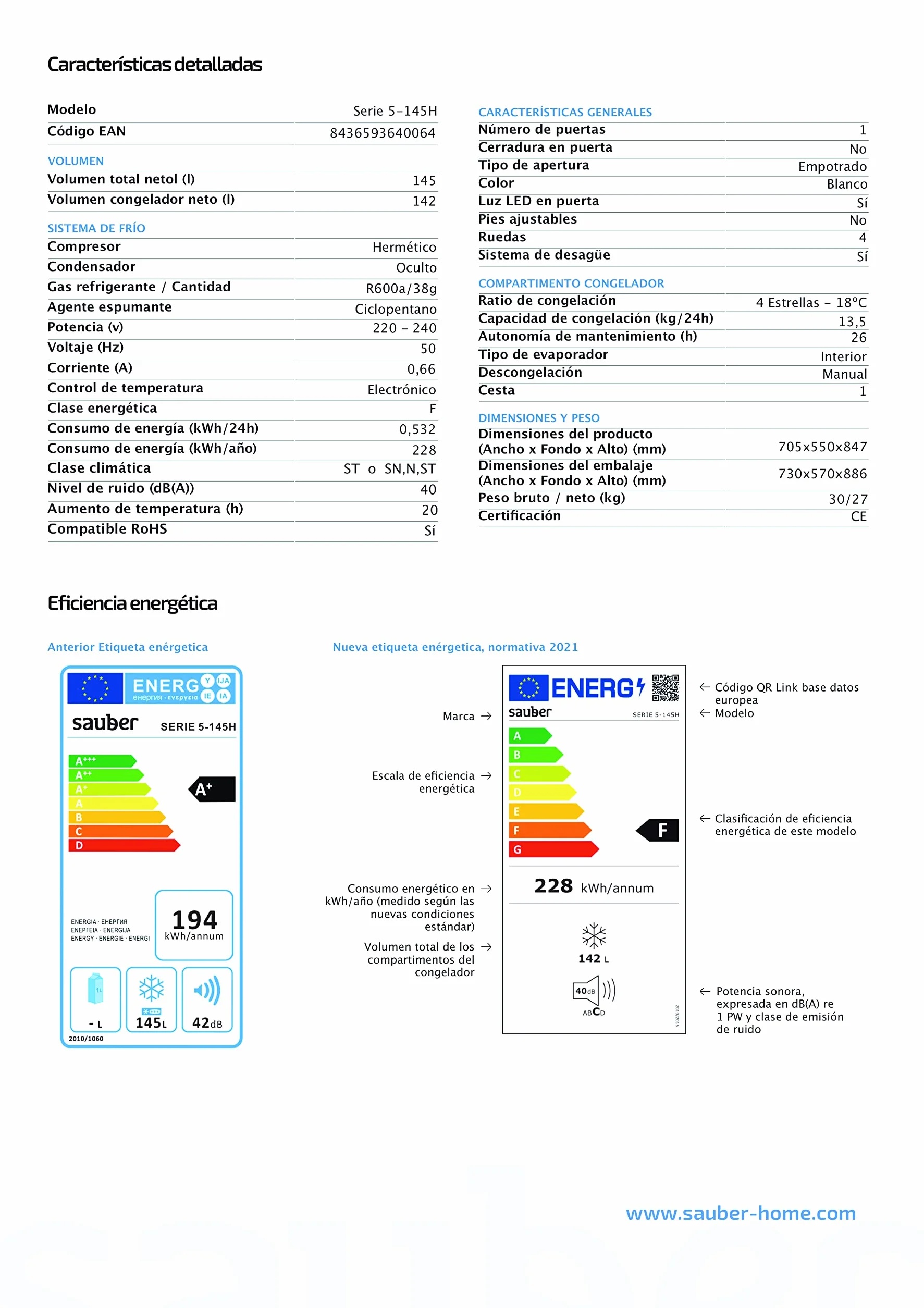 Sauber - Congelador Horizontal SERIE 5-145H - Eficiencia energética: F - Ancho: 70,5 cm - 145 litros - Función DUAL Frigo/Congelador - ENTREGA Y RETIRADA USADO EN DOMICILIO