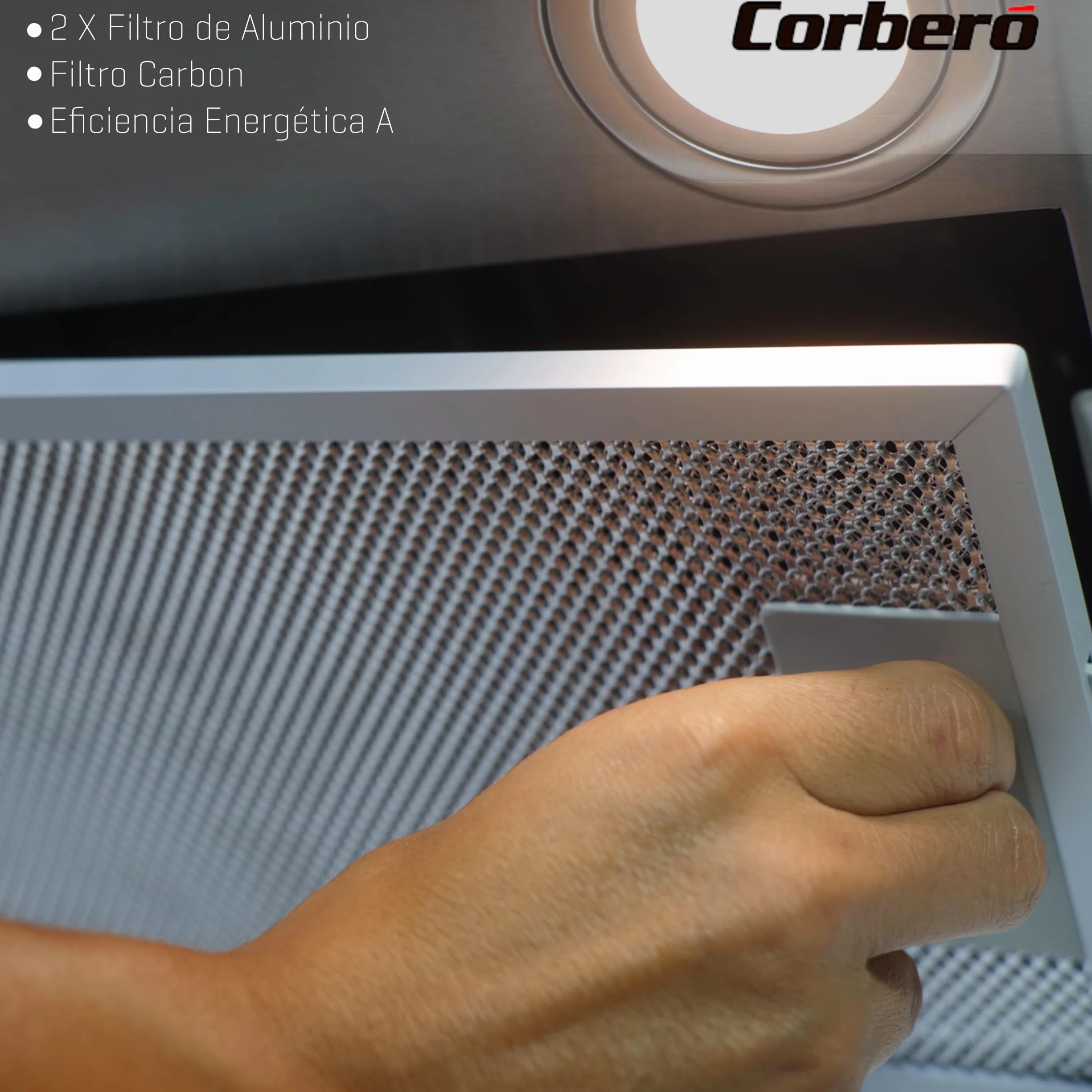 Corberó - Campana Extractora Grupo filtrante VENTOR7260X | 72cm, 600 m3/h, 3 Velocidades, Filtros Aluminio y Carbón, A, Inox