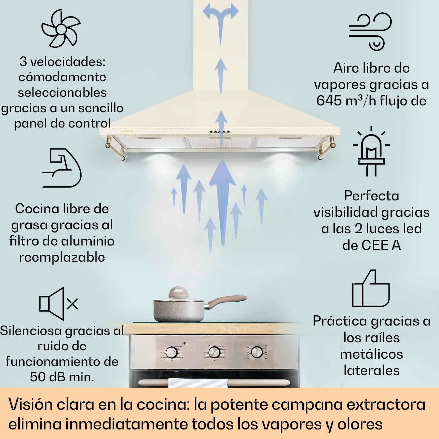 Klarstein Campana Extractora 90 cm, Extractor Cocina para Pared con Filtro Aluminio Antigrasa para Lavavajillas, Flujo Aire 645m³/h, Luces LEDs, Campanas de Cocina, Extractores con Montaje de Pared