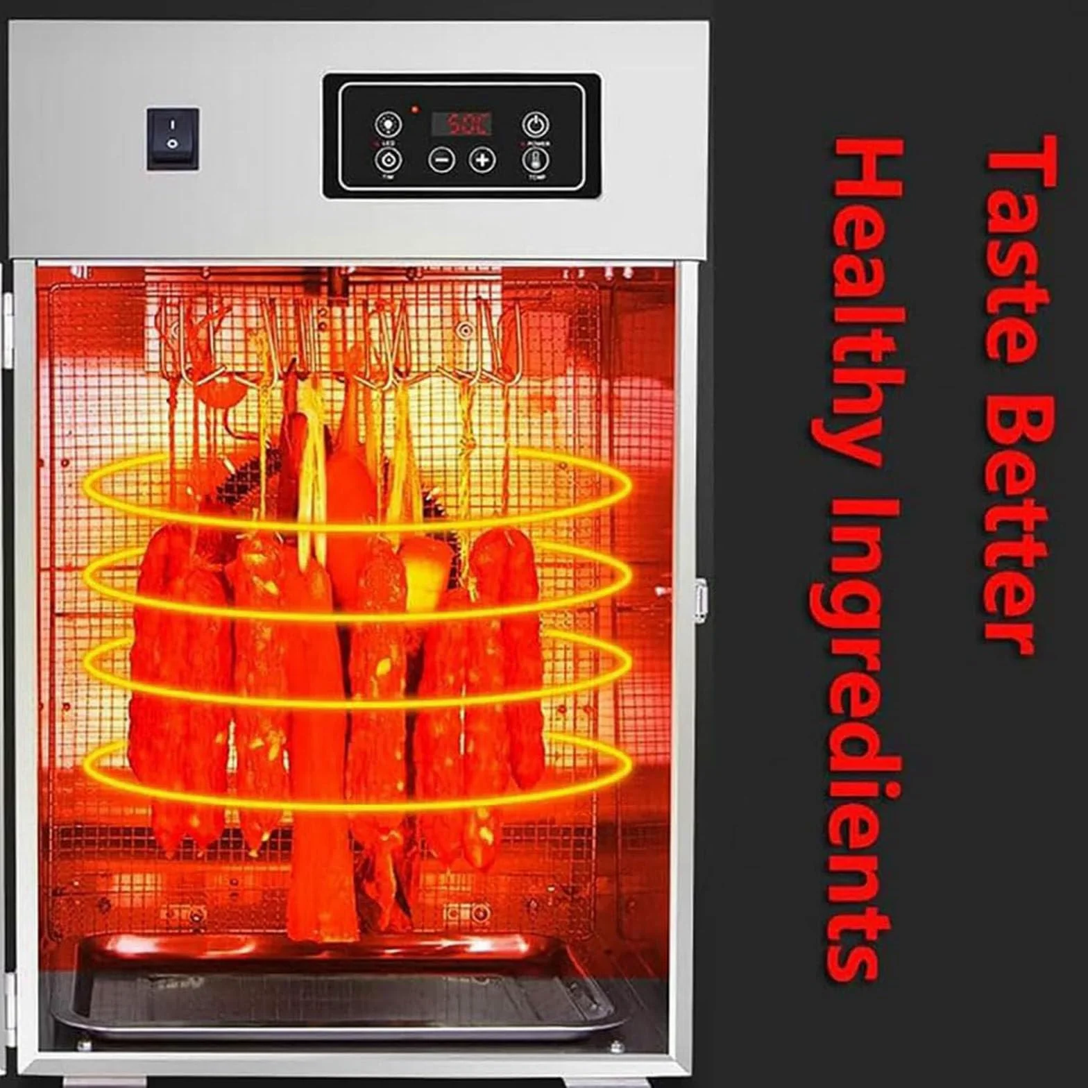 Secador de alimentos comercial, 800 W, rotativo, automático, con pantalla LED de control táctil, secador de grado industrial de 30 a 90 ℃ para salchichas, tocino, cecina