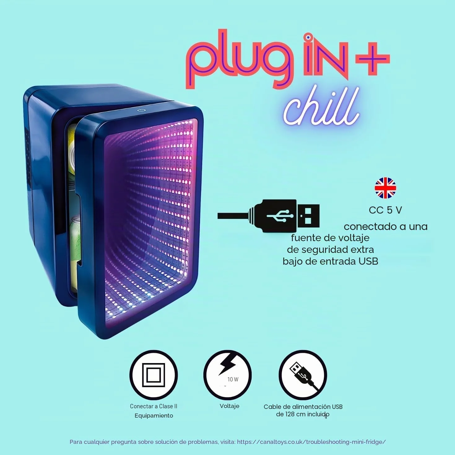 So Chill - Mini nevera con efecto LED infinito, jugadores, estudiantes, viajes en casa/coche, Hangouts + más, alimentado por USB, calcomanías incluidas, 6 latas regulares, puerta con efecto espejo