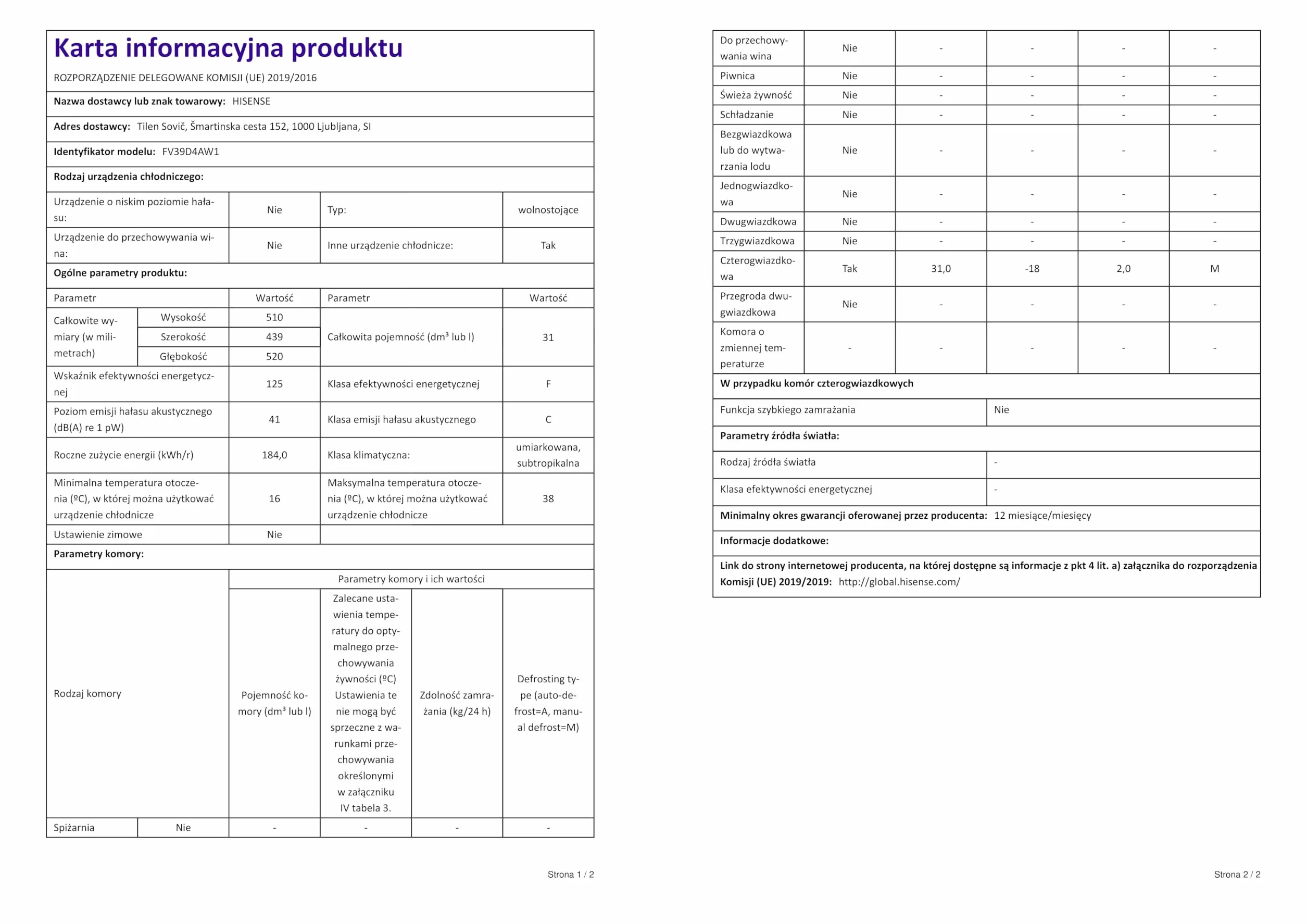 Hisense FV39D4AW1 Mini Freezer Box, 47 x 43,9 x 51 cm, 30 litros, 40 decibelios