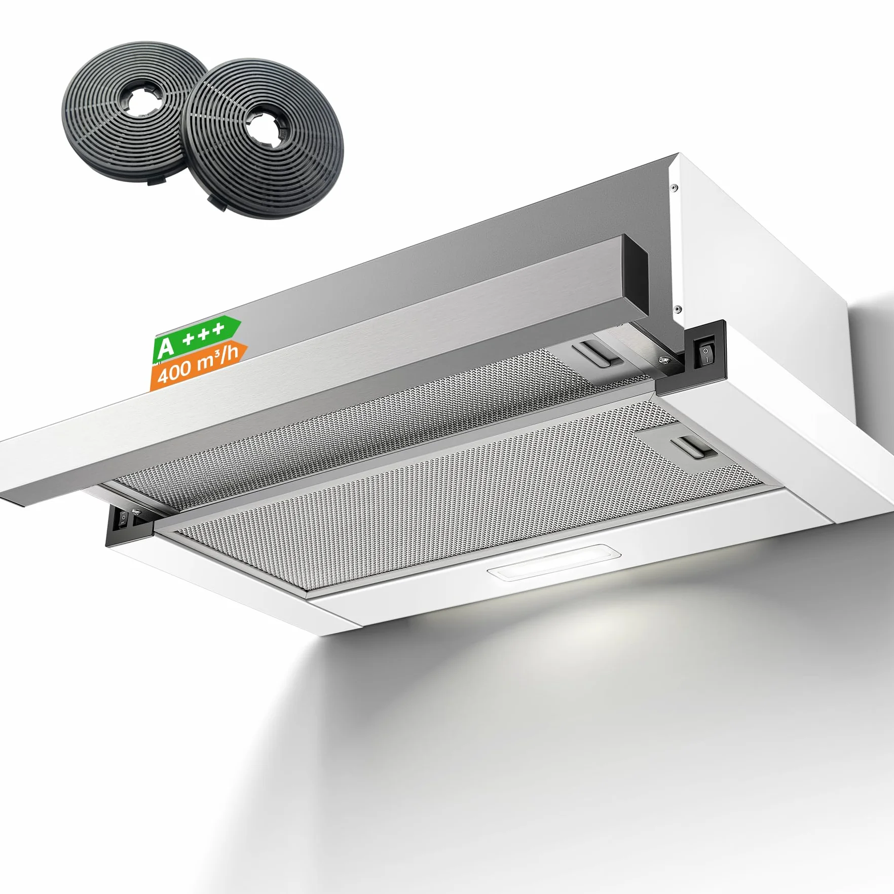 Campana Extractora 60 cm Telescópica, 400 m³/h Flujo de Aire, Superficie de Acero Inoxidable, Iluminación LED, Interruptor Basculante, Campanas Extractoras Silenciosas para Cocina