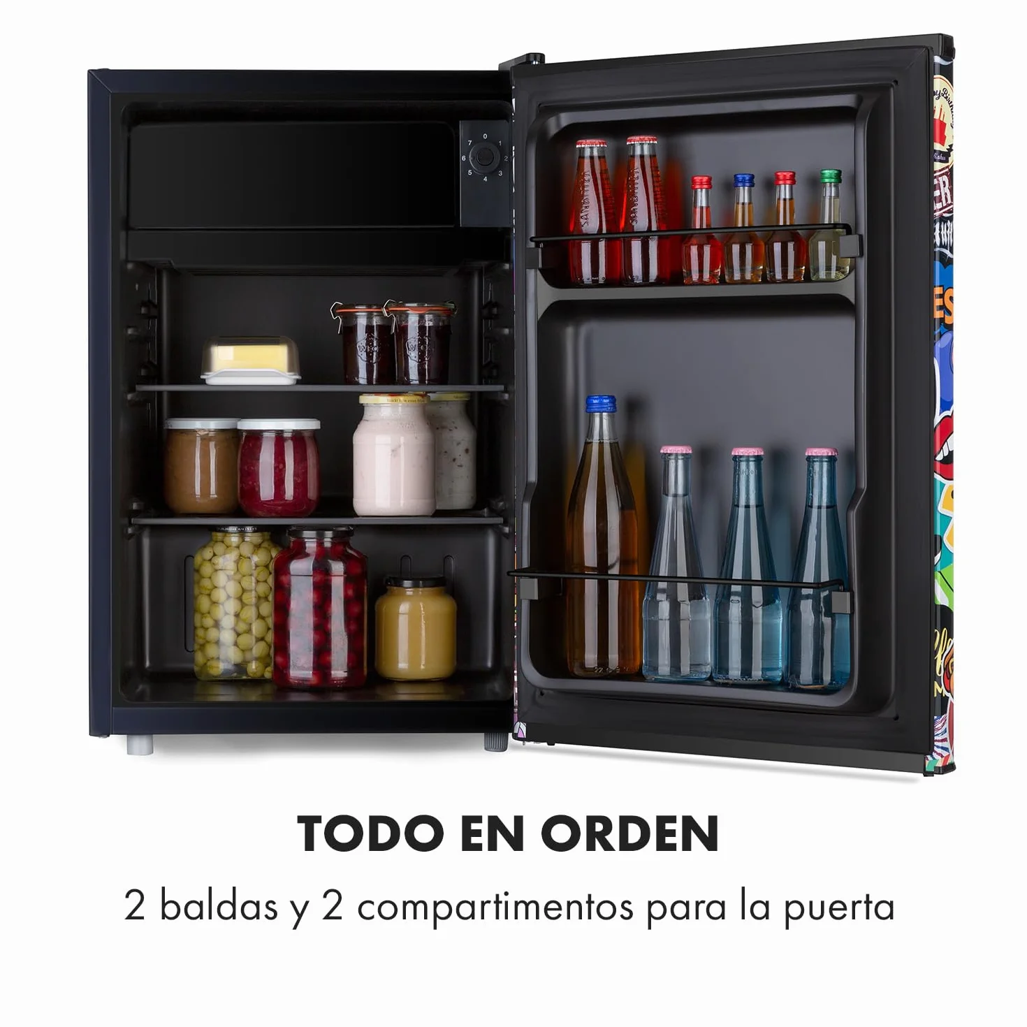 Klarstein Cool Vibe - Refrigerator, capacity: 70 litres, VividArt Concept: door with sticker bomb design print, ice compartment, ice cube tray, noise level: 42 dB, black