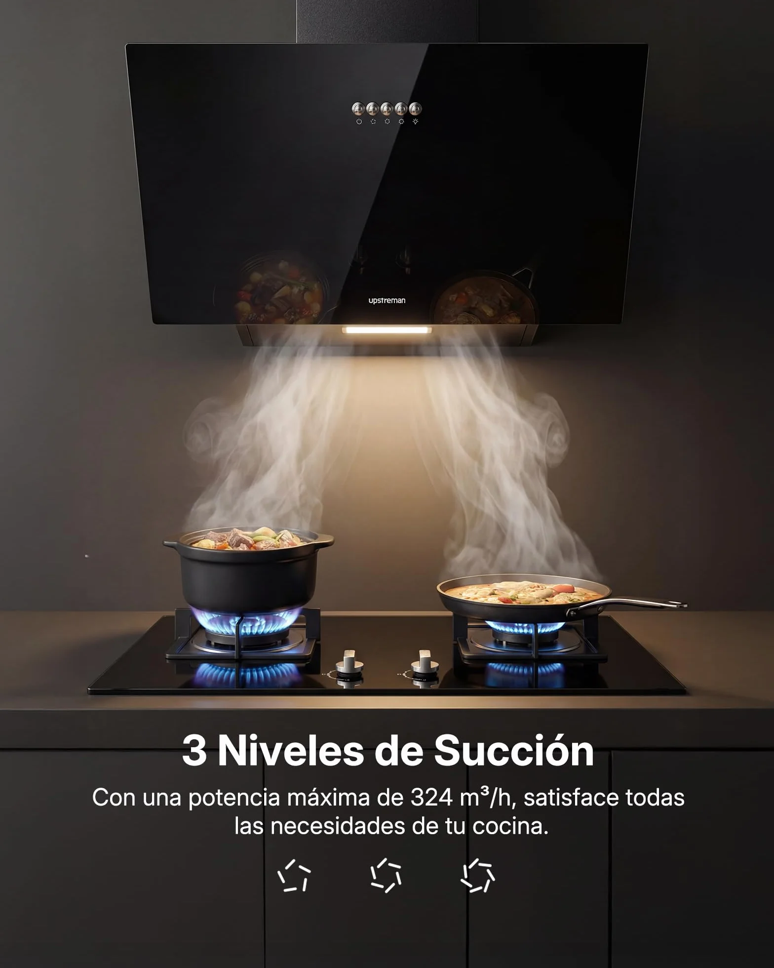 Upstreman Campana Extractora 60 cm, A+++, 56 dB, Diseño Inclinado | 3 vel (324 m³/h), bajo consumo 7 kWh, evita golpes, visión despejada, filtros carbón, LED, filtro lavable, cristal templado