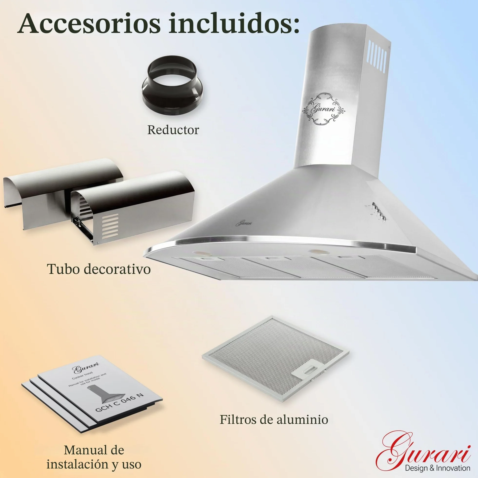 Gurari 046 IS Campana Extractora de Pared 90 cm • 1000 m³/h • Lujo • 3 Velocidades • LED • Acero Inoxidable • Recirculación Posible