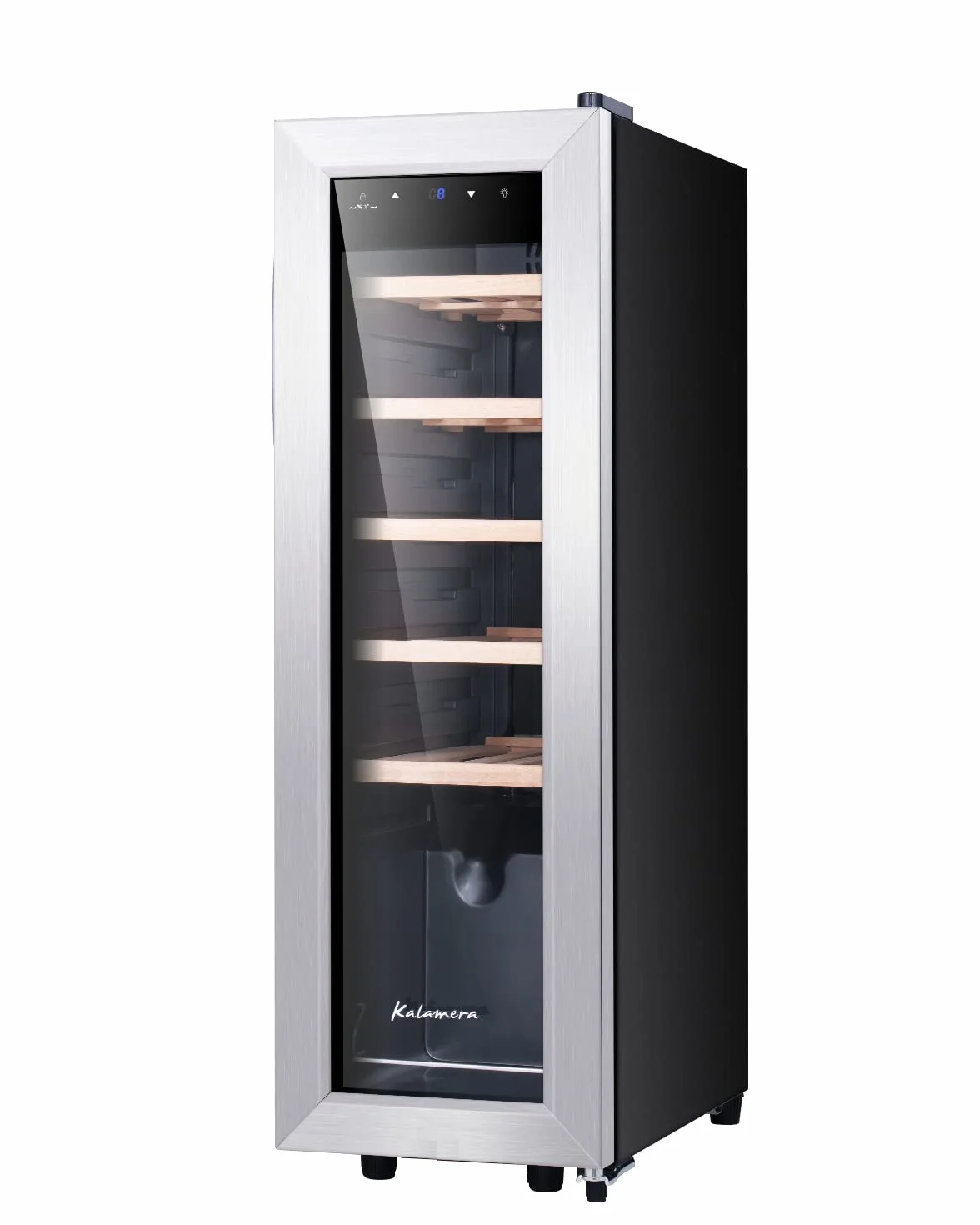Kalamera Nevera pequeña para vino, 5 – 18 °C, compresor, 12 botellas, almohadillas de madera extraíbles, 35 litros, KRC-35FCSS Vinoteca